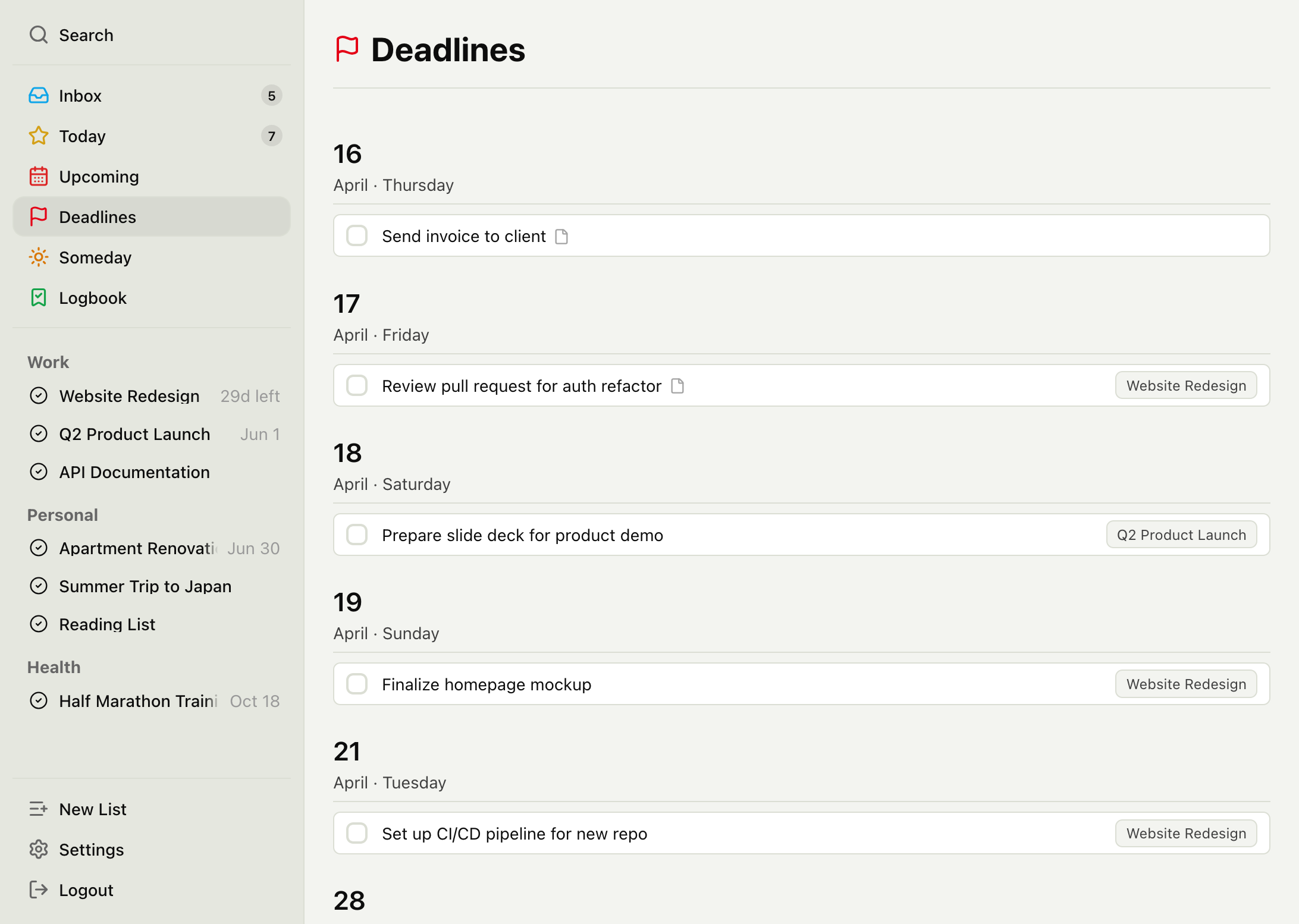 Screenshot showing Deadlines View in TaskPocket