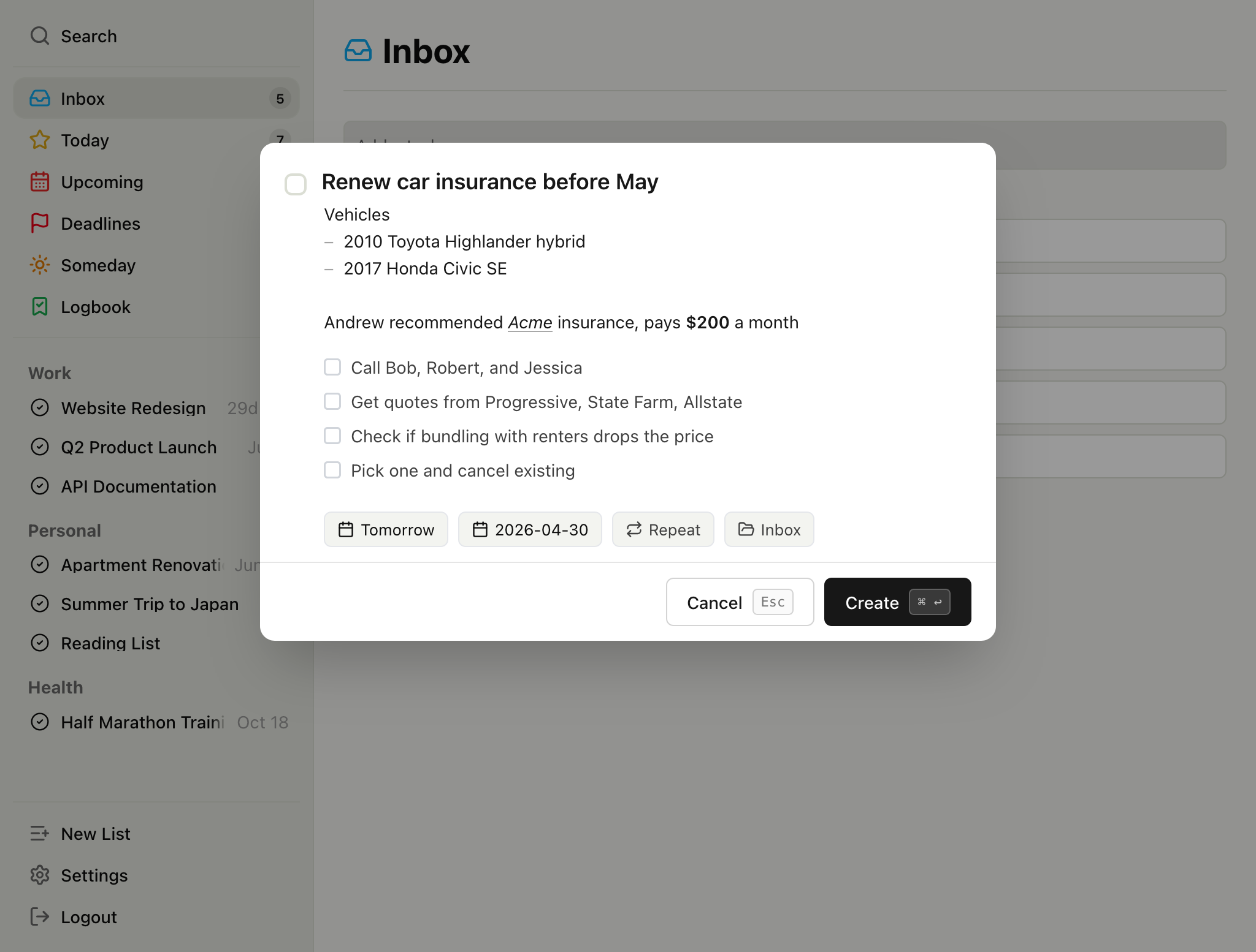 Screenshot showing Inbox & Quick Capture in TaskPocket