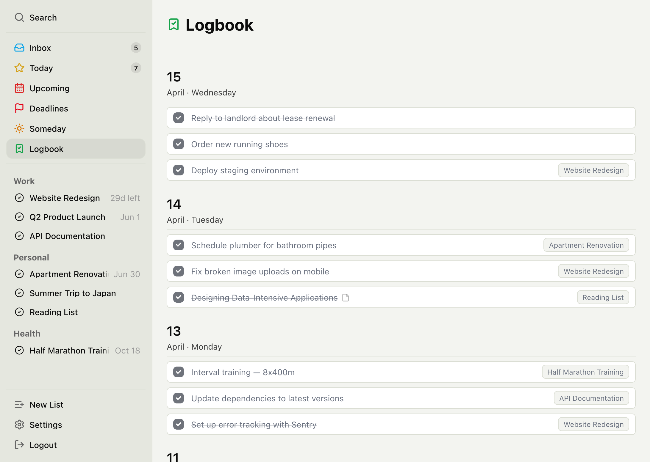 Screenshot showing Logbook in TaskPocket