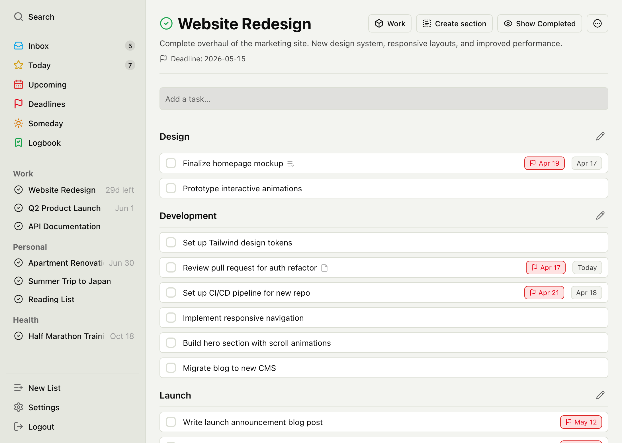 Screenshot showing Projects & Sections in TaskPocket