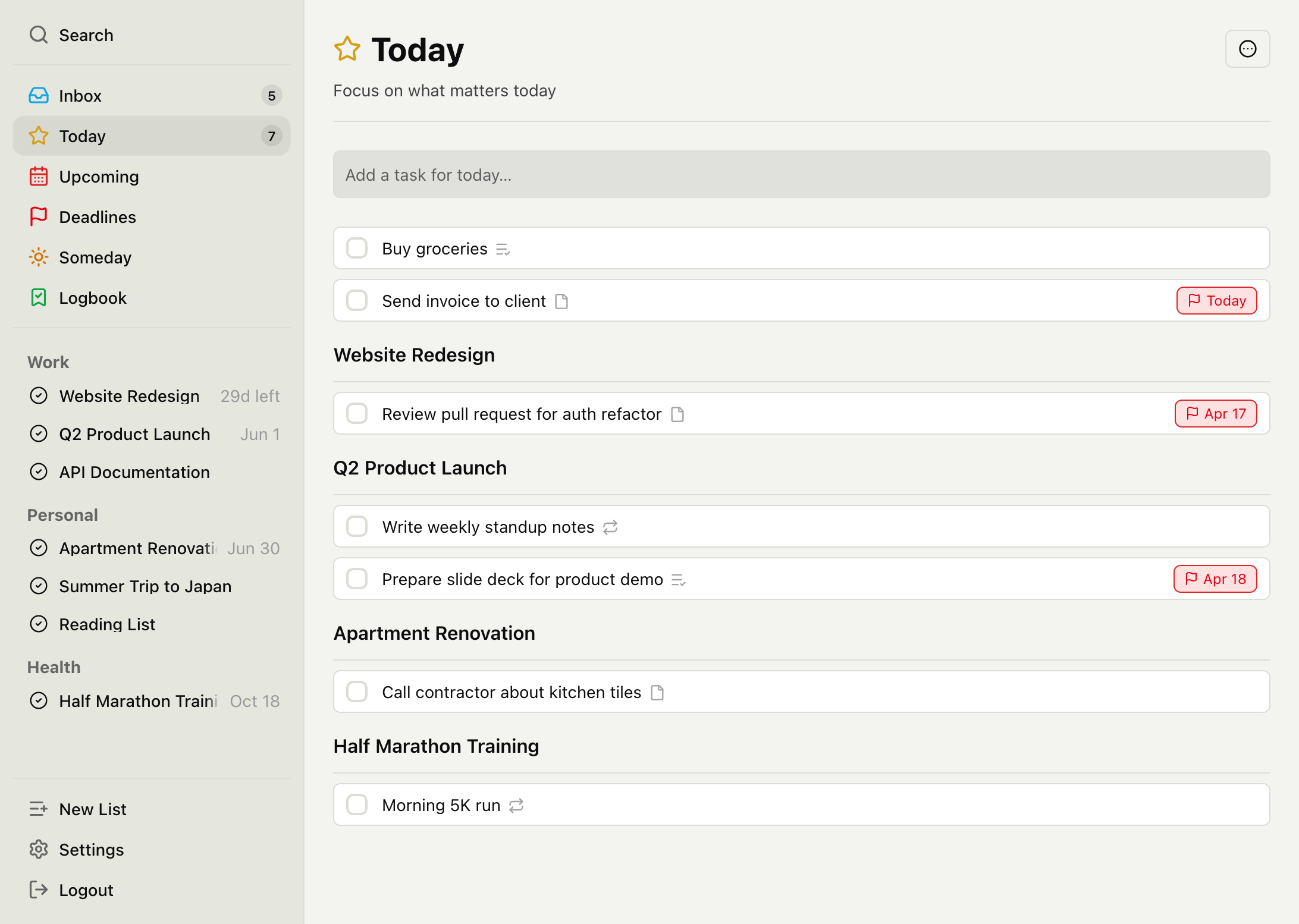 TaskPocket app showing Today view with tasks organized by project, sidebar navigation with areas and projects