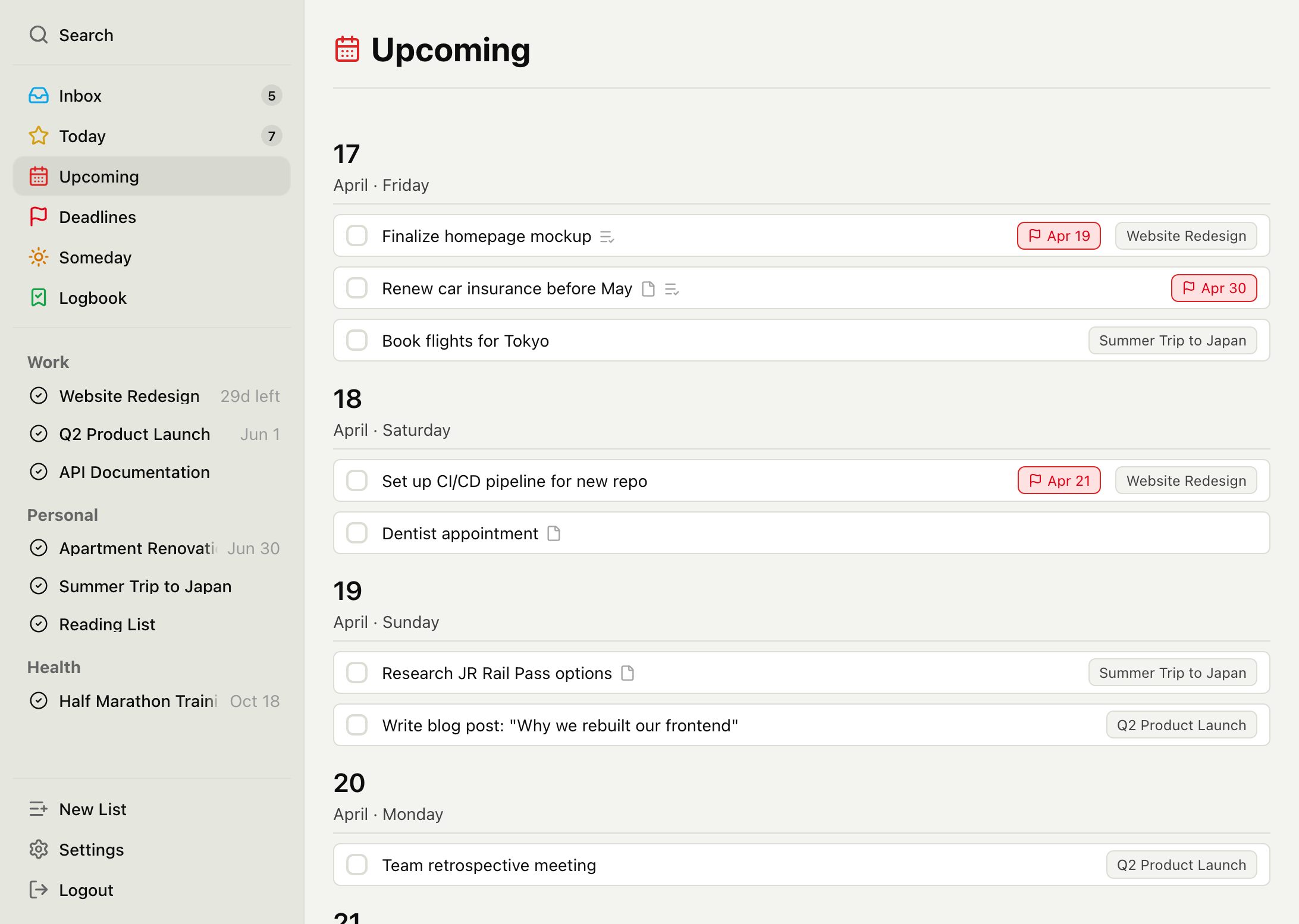 TaskPocket Upcoming view showing tasks organized by date: April 17, 18, 19, and 20