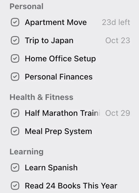 Areas and projects in the TaskPocket sidebar