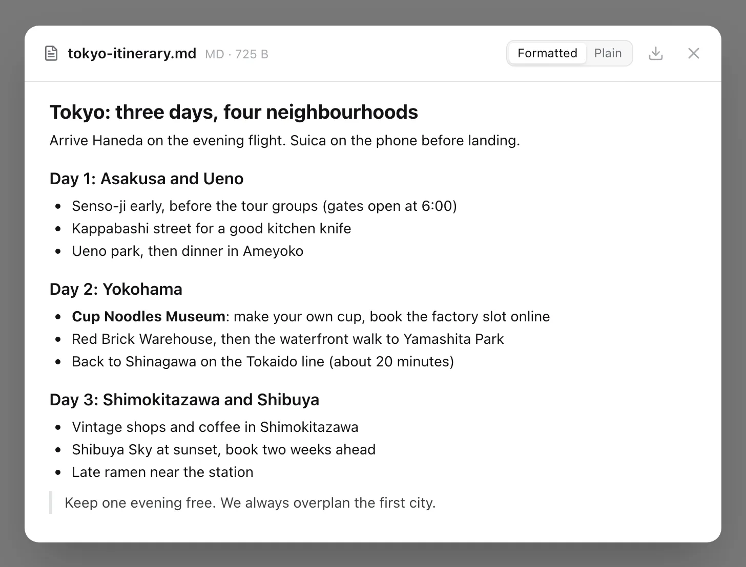tokyo-itinerary.md open in the text viewer, formatted: a heading, three day headings, bulleted plans for each day, and a quote at the end. A Formatted and Plain switch sits in the header.
