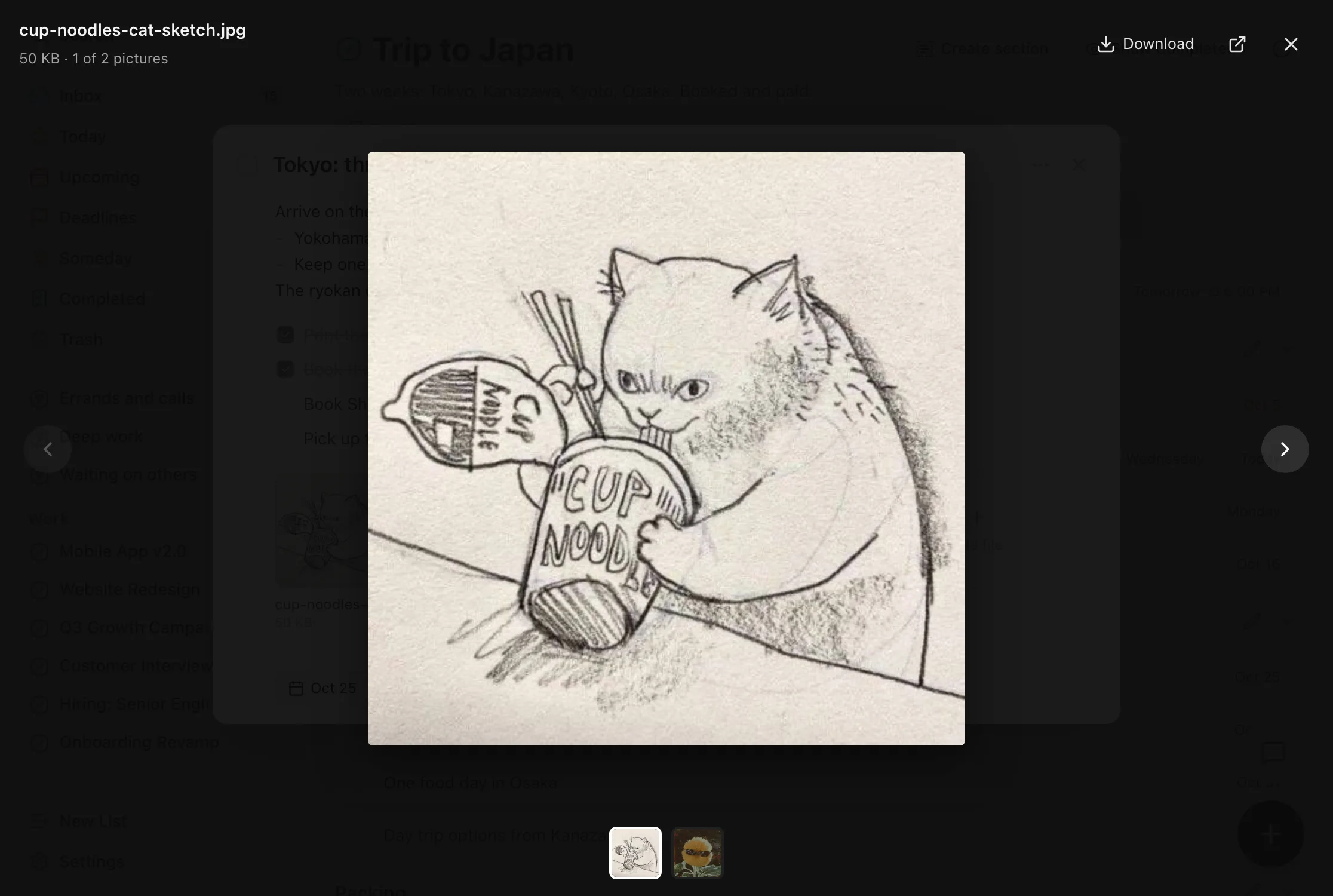 The pencil sketch of a cat drinking from a cup of noodles, open in the picture viewer over the task, labelled 1 of 2 pictures, with Download, open in a new tab and close buttons, and two thumbnails below.