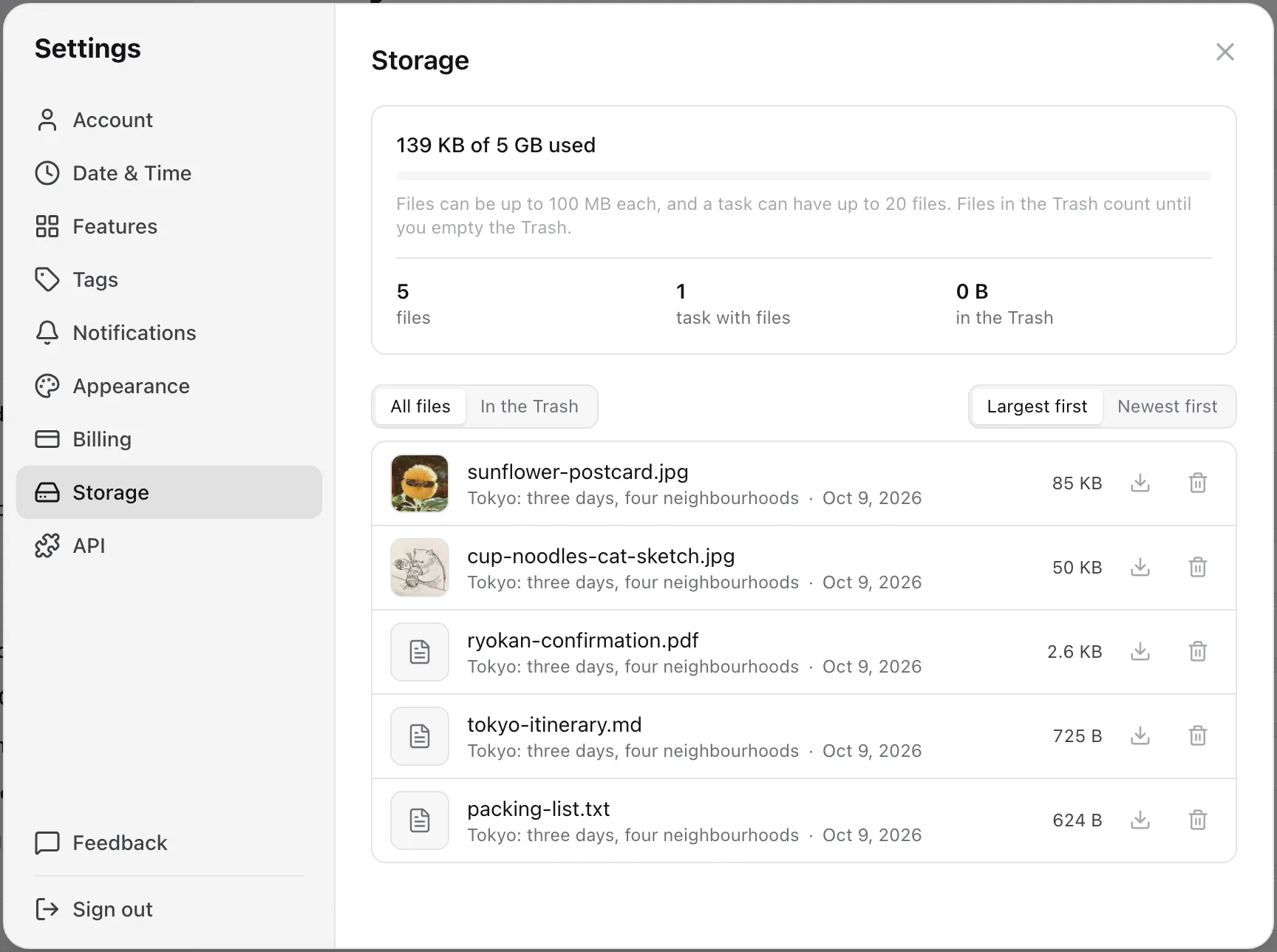 Settings, Storage: 139 KB of 5 GB used, 5 files, 1 task with files, 0 B in the Trash, and a list of the five files, largest first, each with its task, date, size, a download button and a remove button.