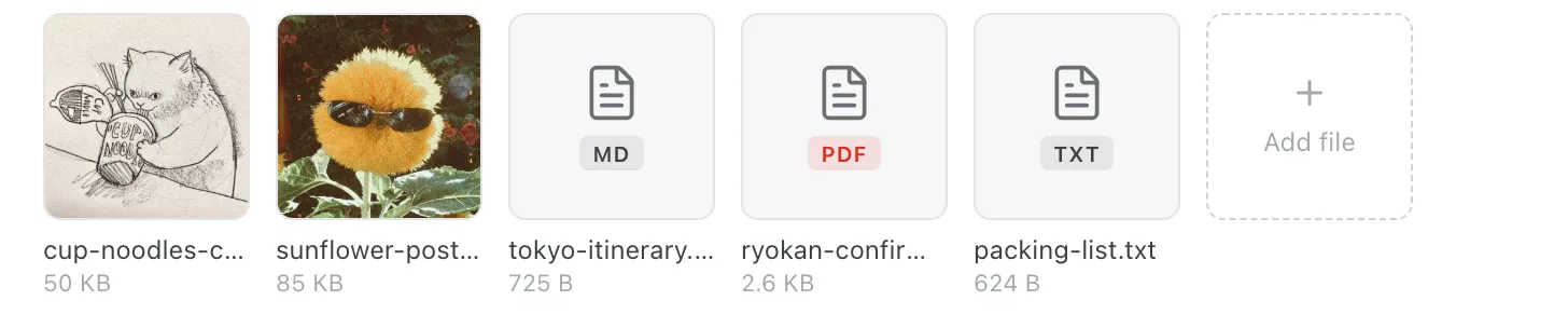 The file row of the Tokyo task: two picture thumbnails, then tiles marked MD, PDF and TXT, then an Add file tile with a plus.