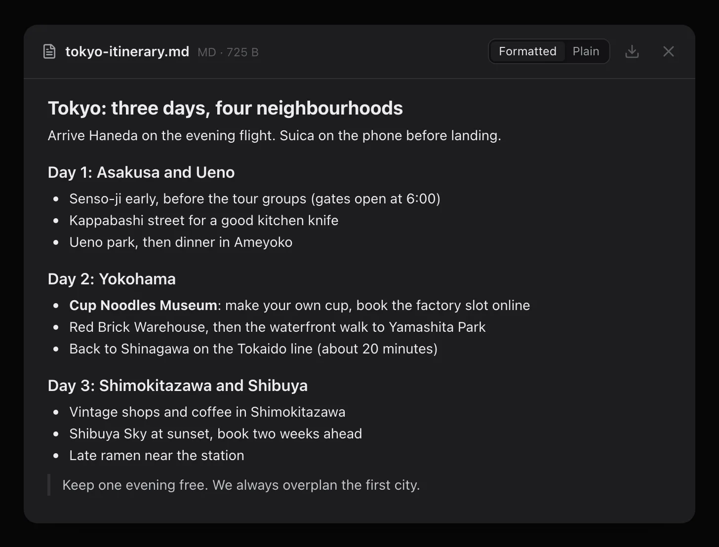 tokyo-itinerary.md open in the text viewer, formatted: a heading, three day headings, bulleted plans for each day, and a quote at the end. A Formatted and Plain switch sits in the header.