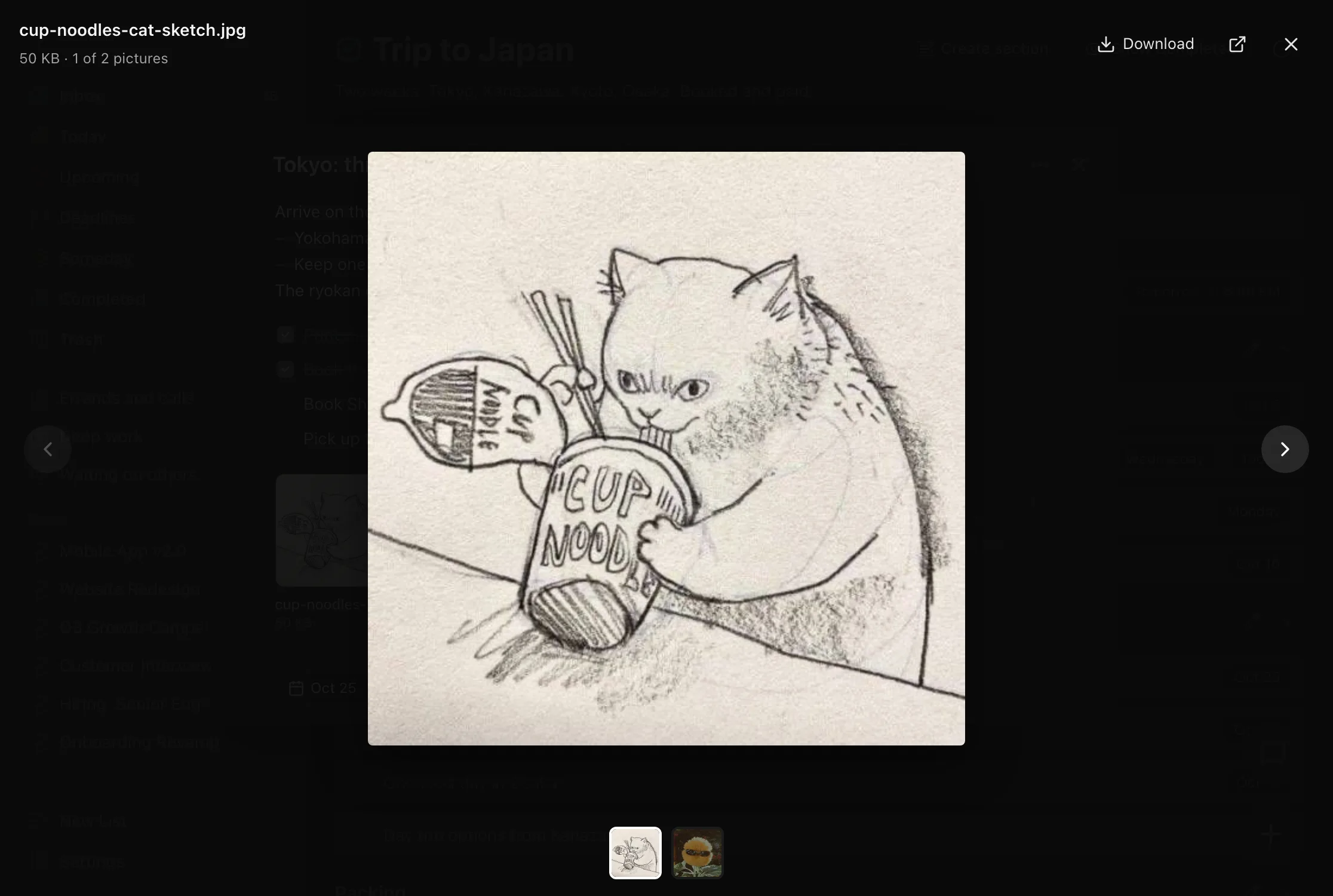 The pencil sketch of a cat drinking from a cup of noodles, open in the picture viewer over the task, labelled 1 of 2 pictures, with Download, open in a new tab and close buttons, and two thumbnails below.