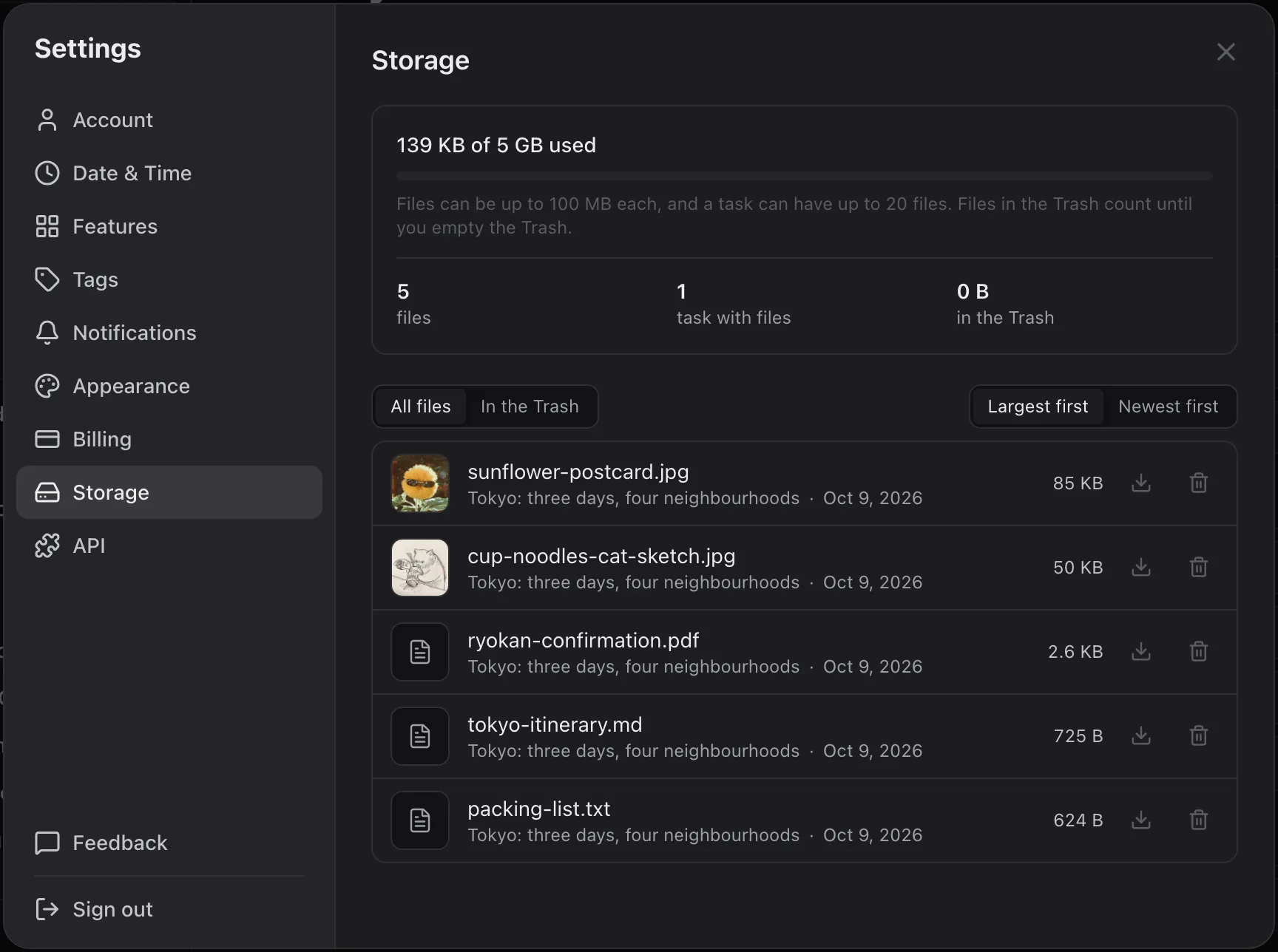 Settings, Storage: 139 KB of 5 GB used, 5 files, 1 task with files, 0 B in the Trash, and a list of the five files, largest first, each with its task, date, size, a download button and a remove button.