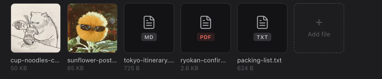 The file row of the Tokyo task: two picture thumbnails, then tiles marked MD, PDF and TXT, then an Add file tile with a plus.