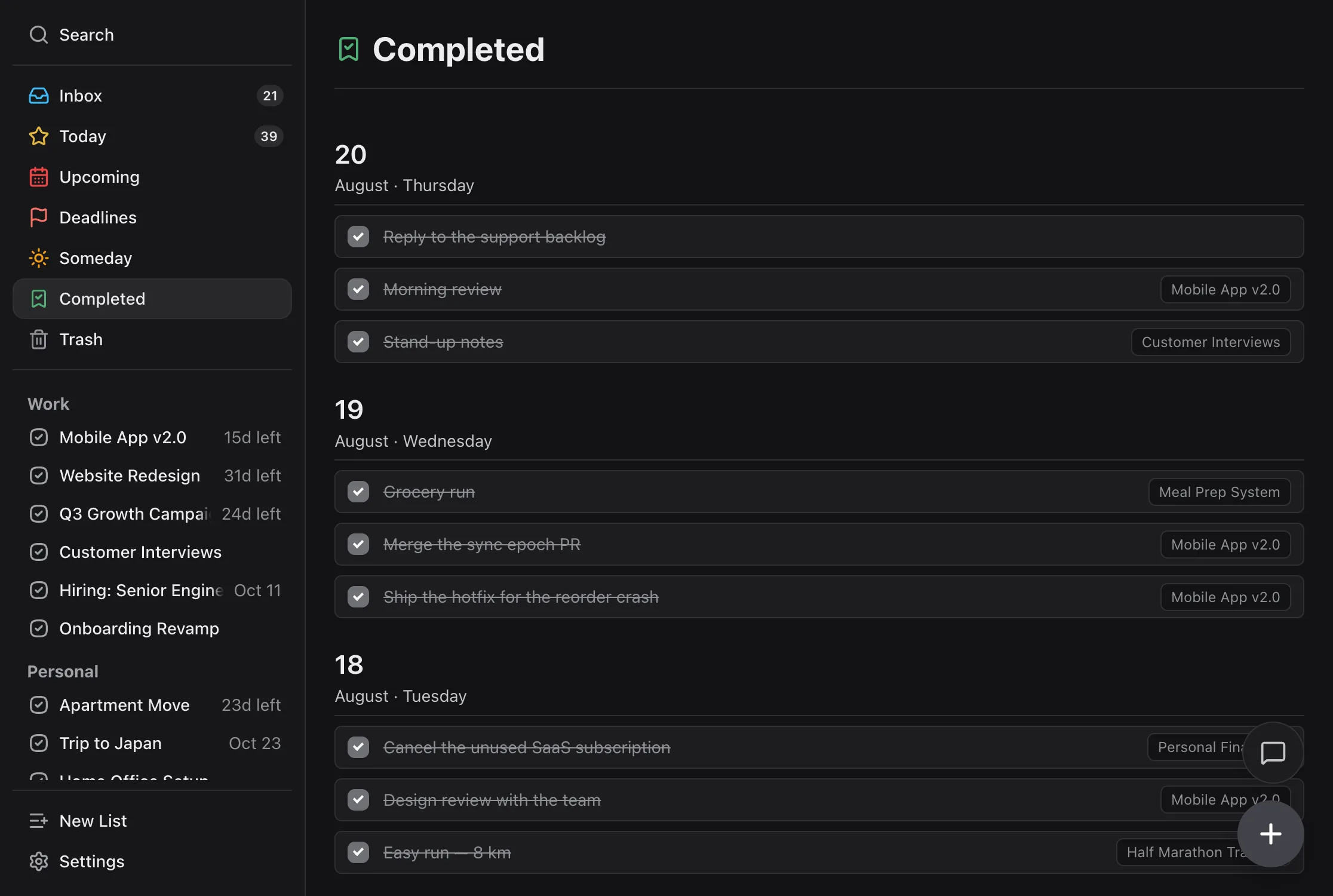 TaskPocket — the Completed view