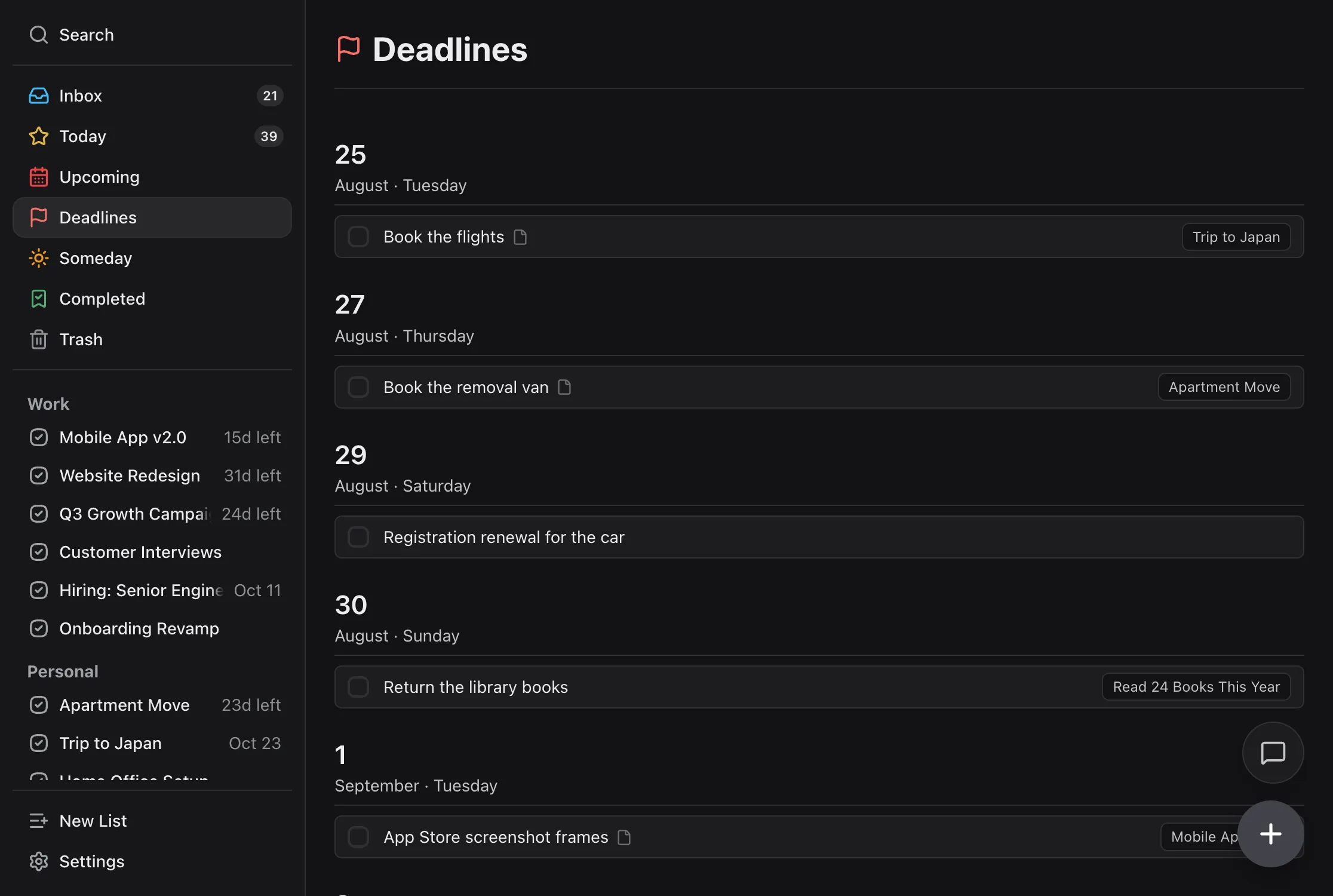 TaskPocket — the Deadlines view