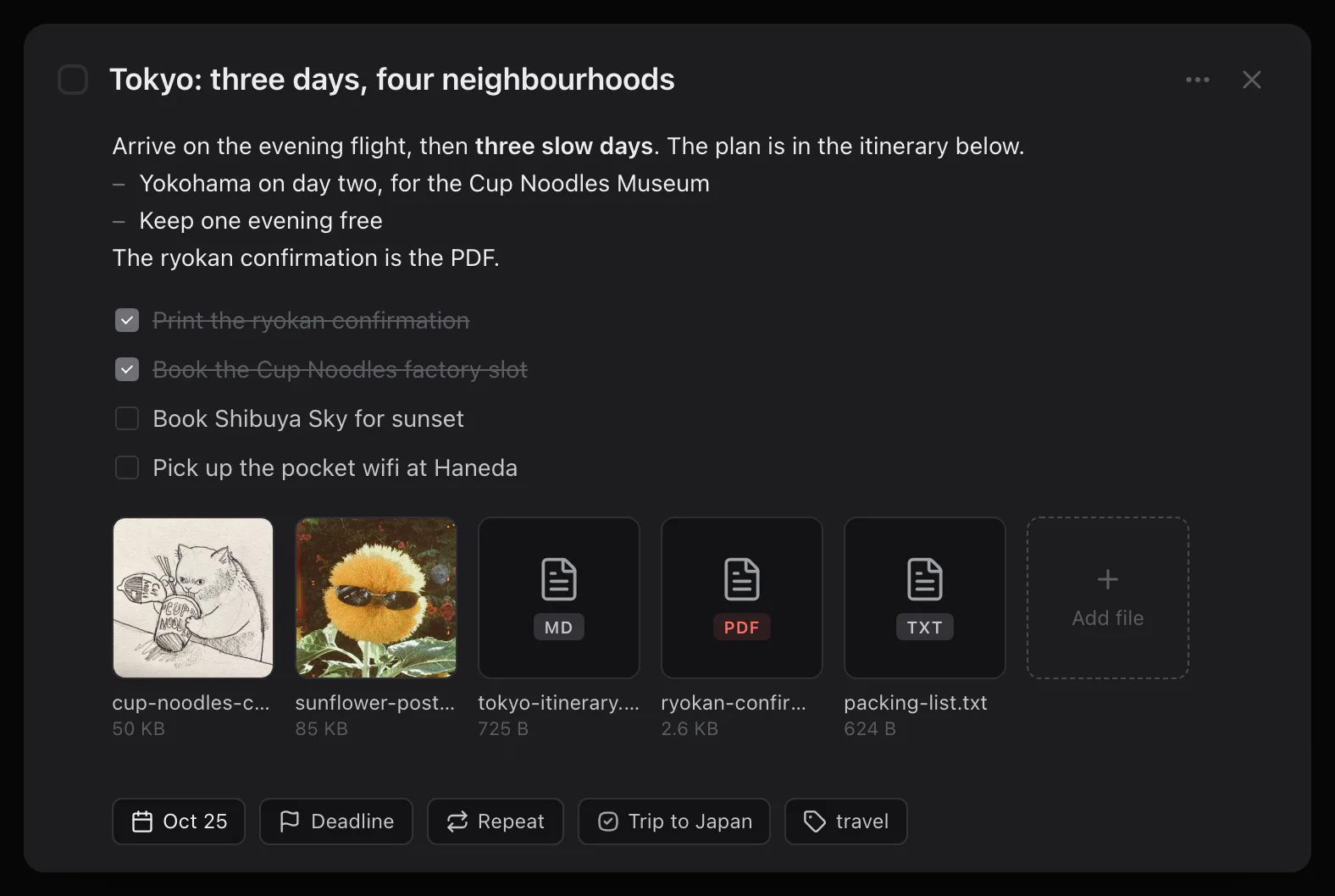 A TaskPocket task with notes, a checklist, and five files: two pictures, a Markdown itinerary, a PDF booking confirmation, and a packing list
