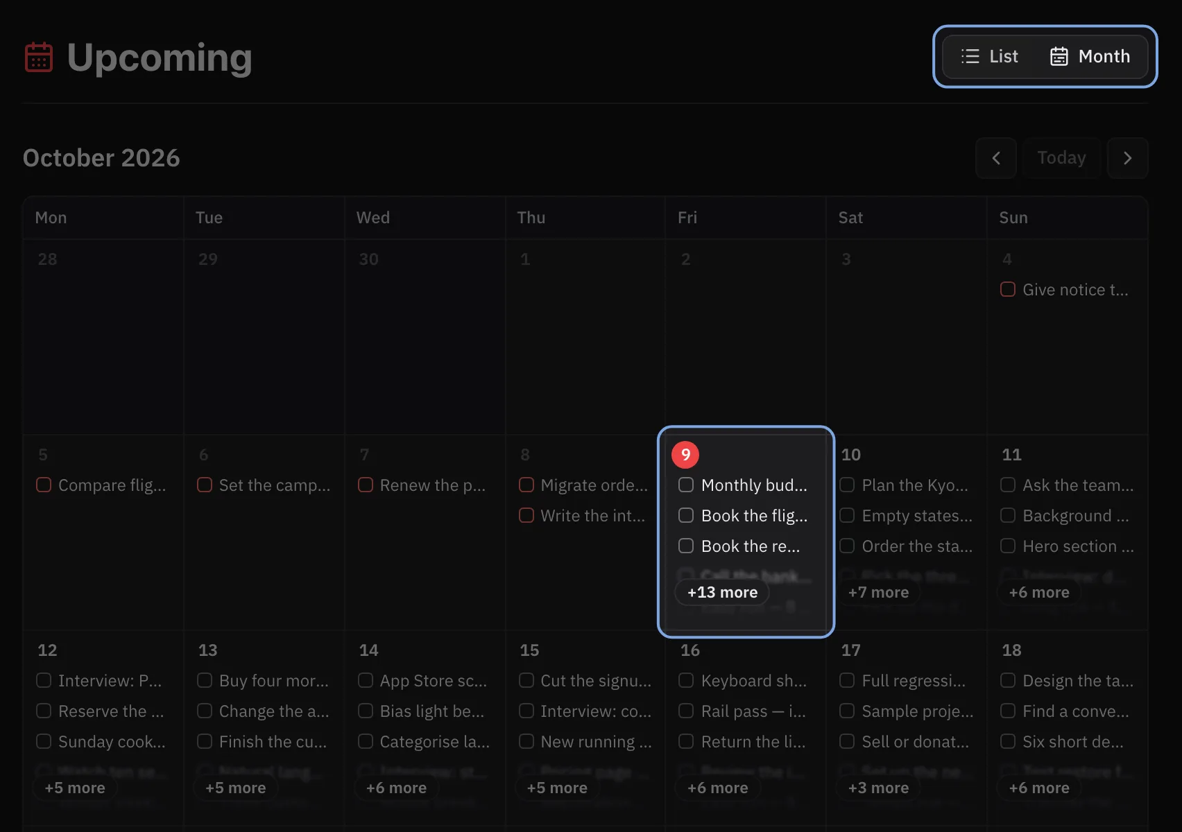Upcoming in the Month layout for October 2026, with the List and Month switch highlighted and today’s cell ringed.