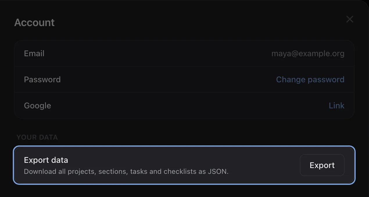 The Account page in Settings, with the Export data row and its Export button highlighted.