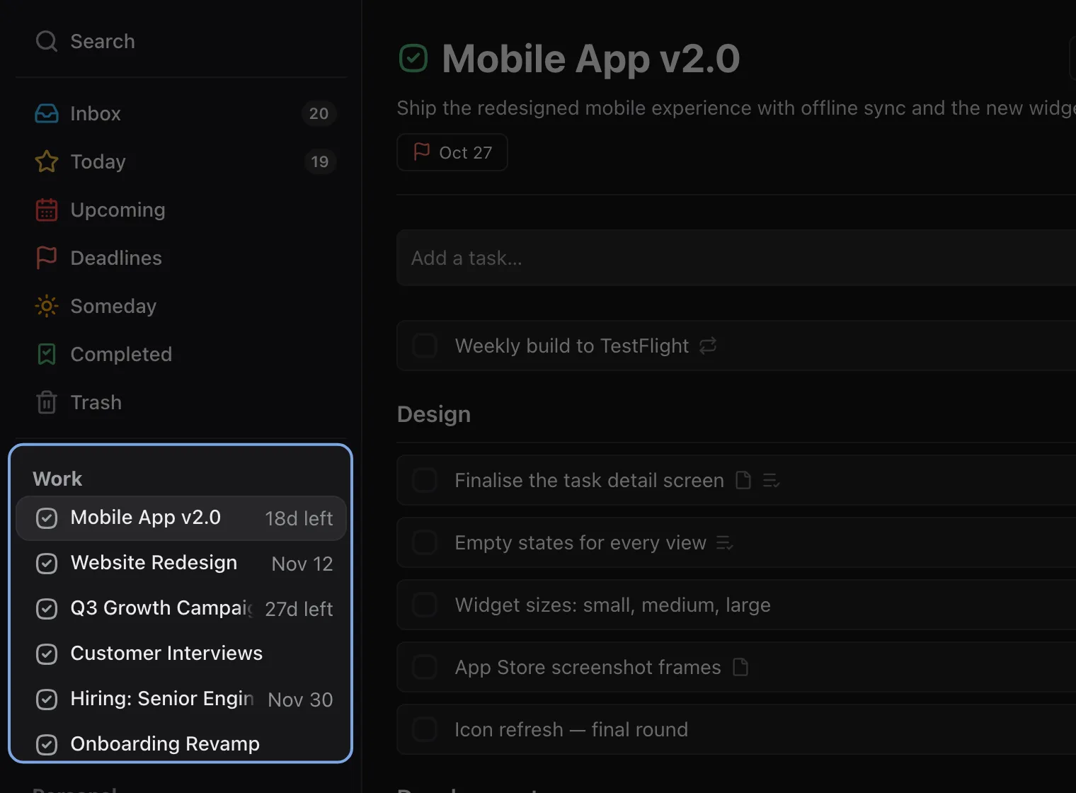 The sidebar with the Work area highlighted and its six projects under it, next to the open Mobile App v2.0 project.