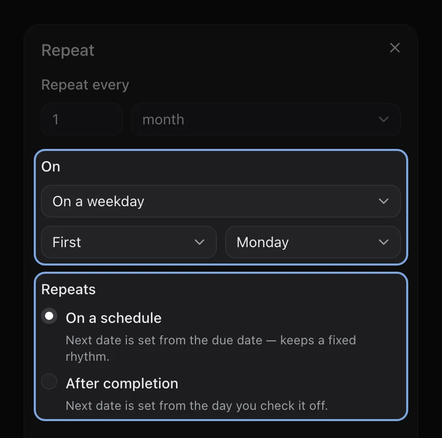 The Repeat editor with two parts highlighted: monthly on the first Monday, and the choice between repeating on a schedule or after completion.