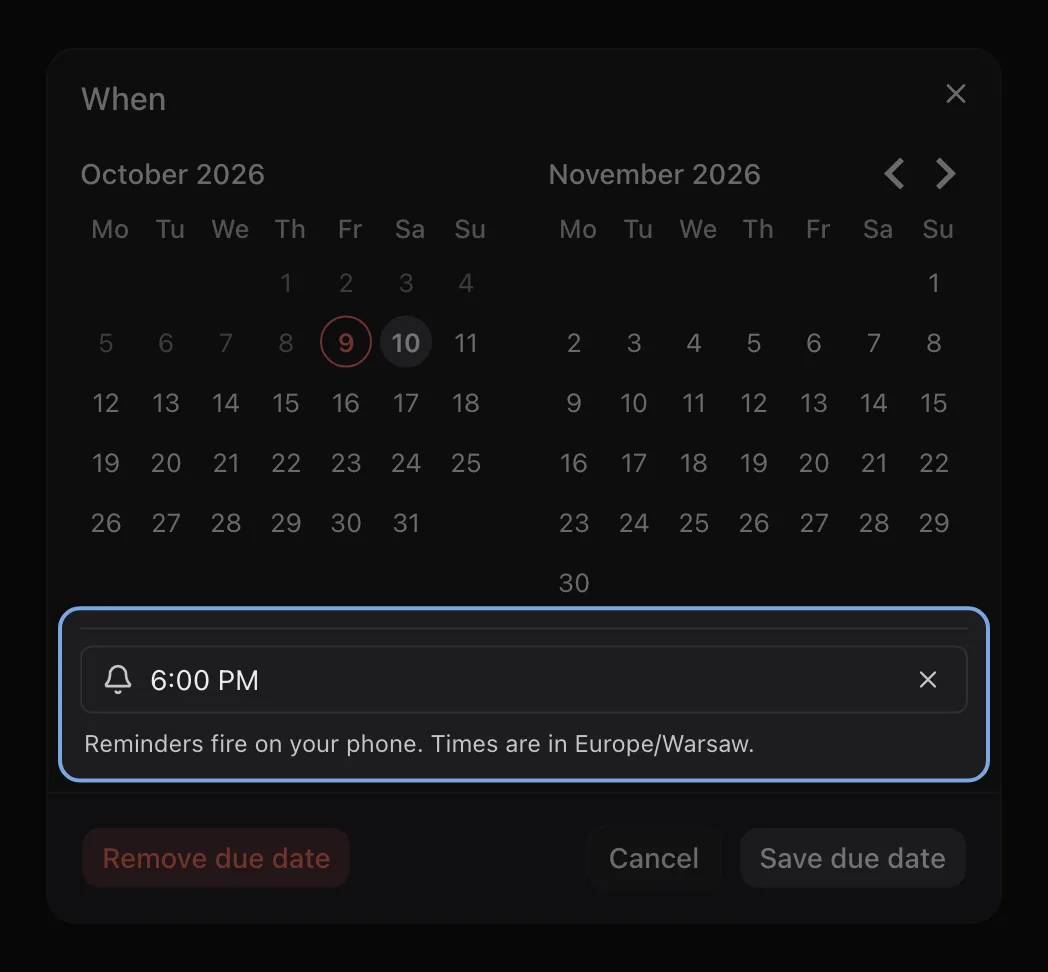 The When date picker with the reminder field highlighted: a bell, 6:00 PM, and a note that times are in the account’s time zone.