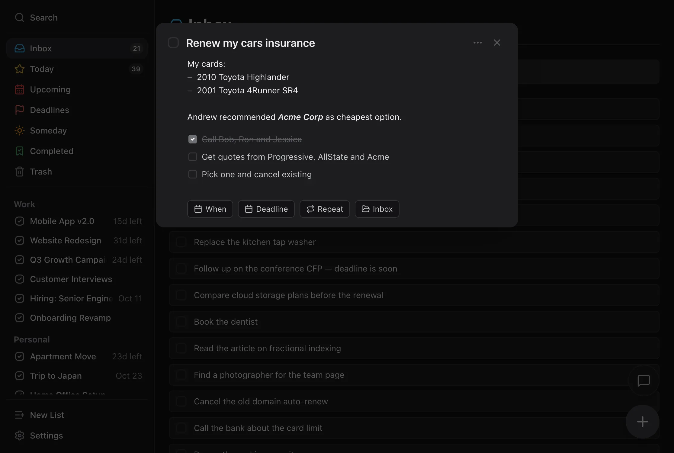TaskPocket — the Inbox view