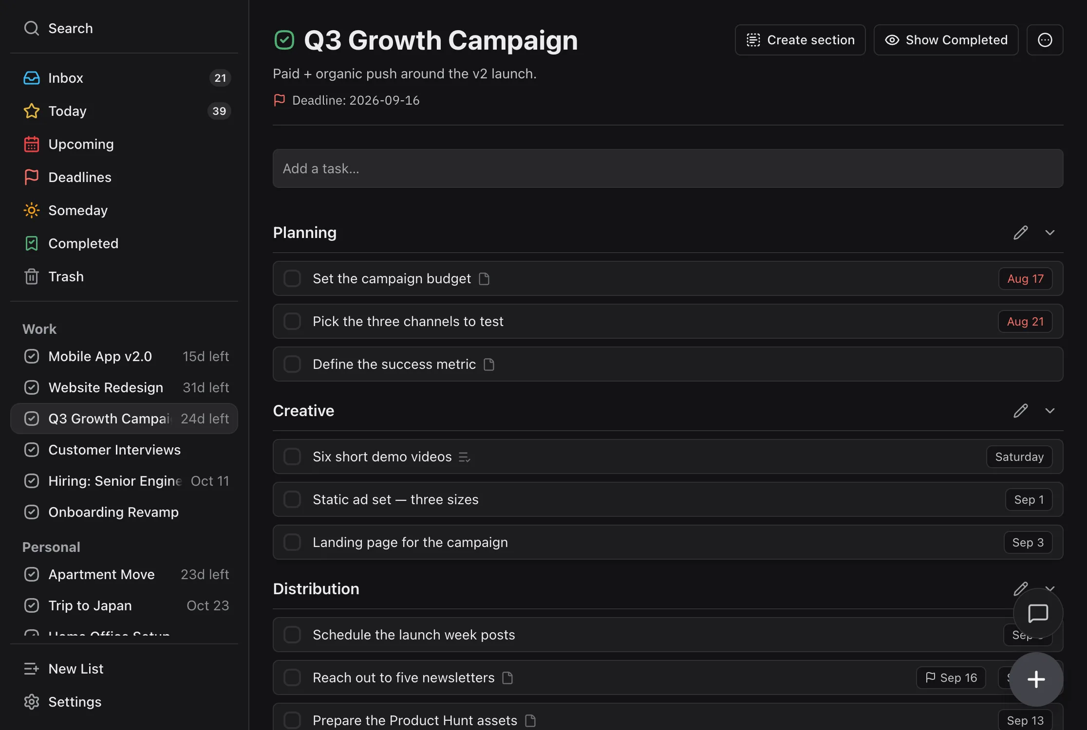 TaskPocket — the Projects view