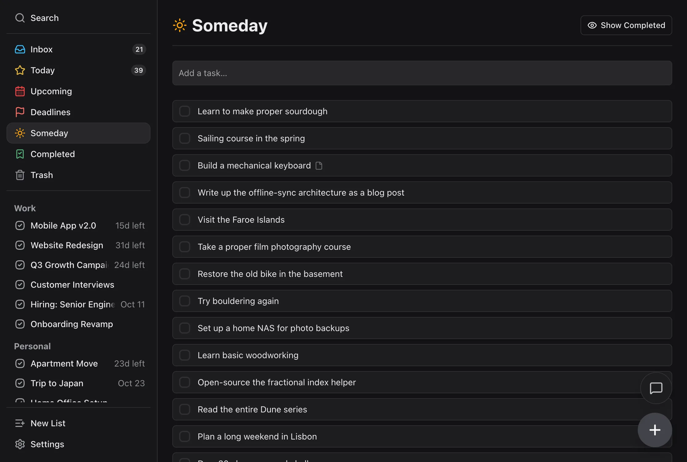 TaskPocket — the Someday view
