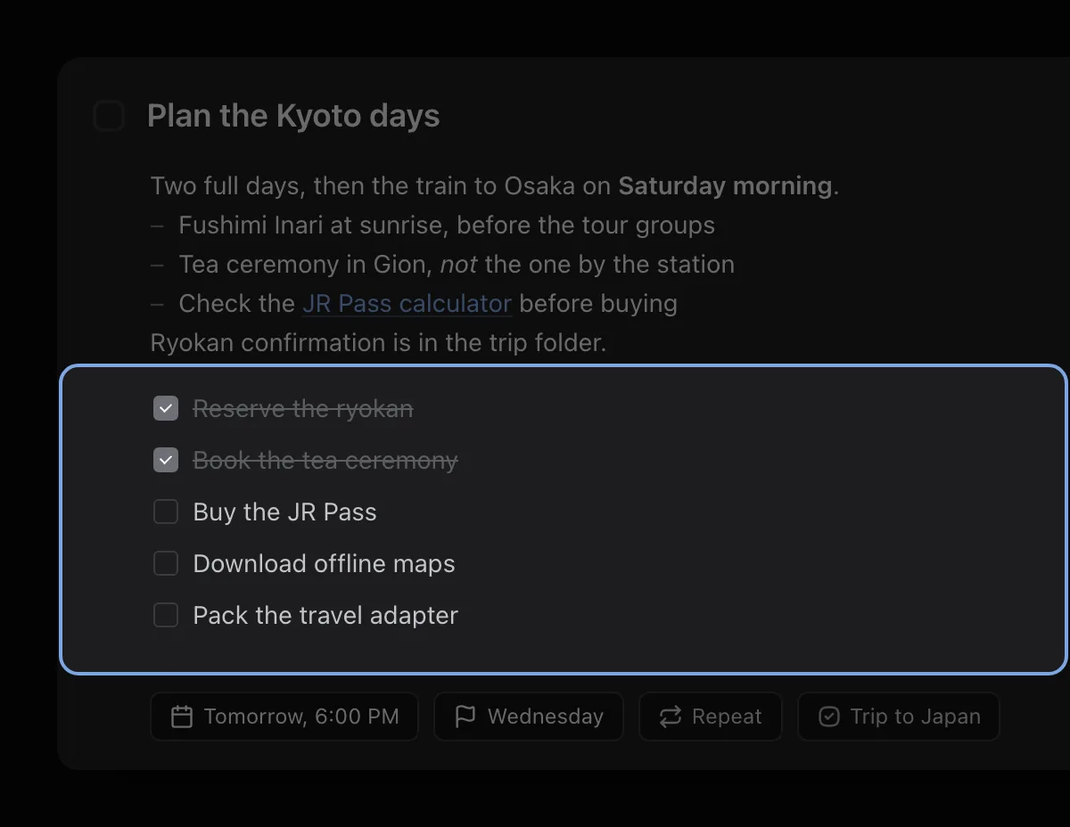 The checklist of the Kyoto task, highlighted: Reserve the ryokan and Book the tea ceremony ticked and struck through, Buy the JR Pass, Download offline maps and Pack the travel adapter still open.