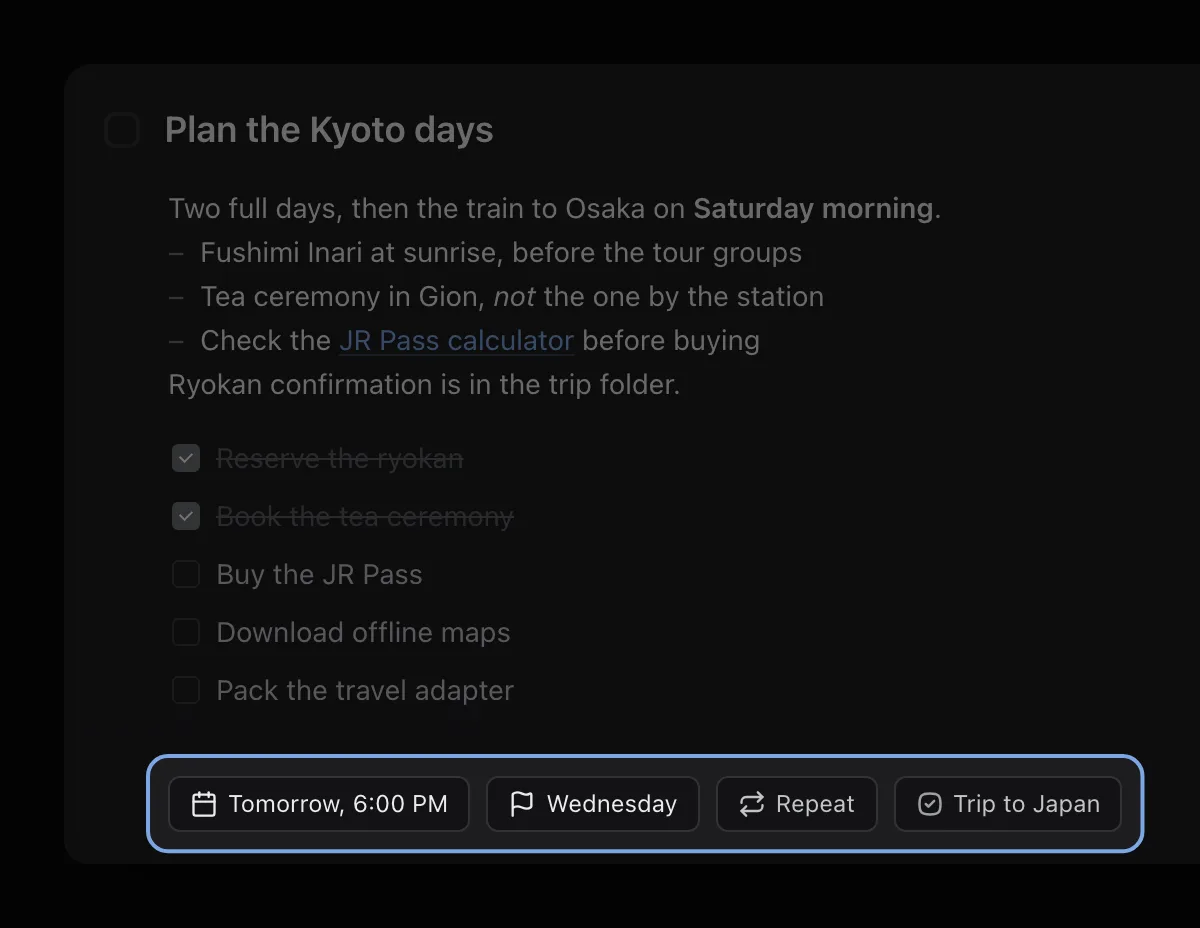 The chip row of the Kyoto task, highlighted: Tomorrow at 6:00 PM, a Wednesday deadline flag, Repeat, and Trip to Japan.