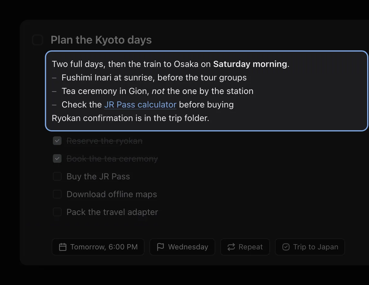 The notes of the Kyoto task, highlighted: a sentence with Saturday morning in bold, three bulleted lines, one with not in italics and one with a JR Pass calculator link.