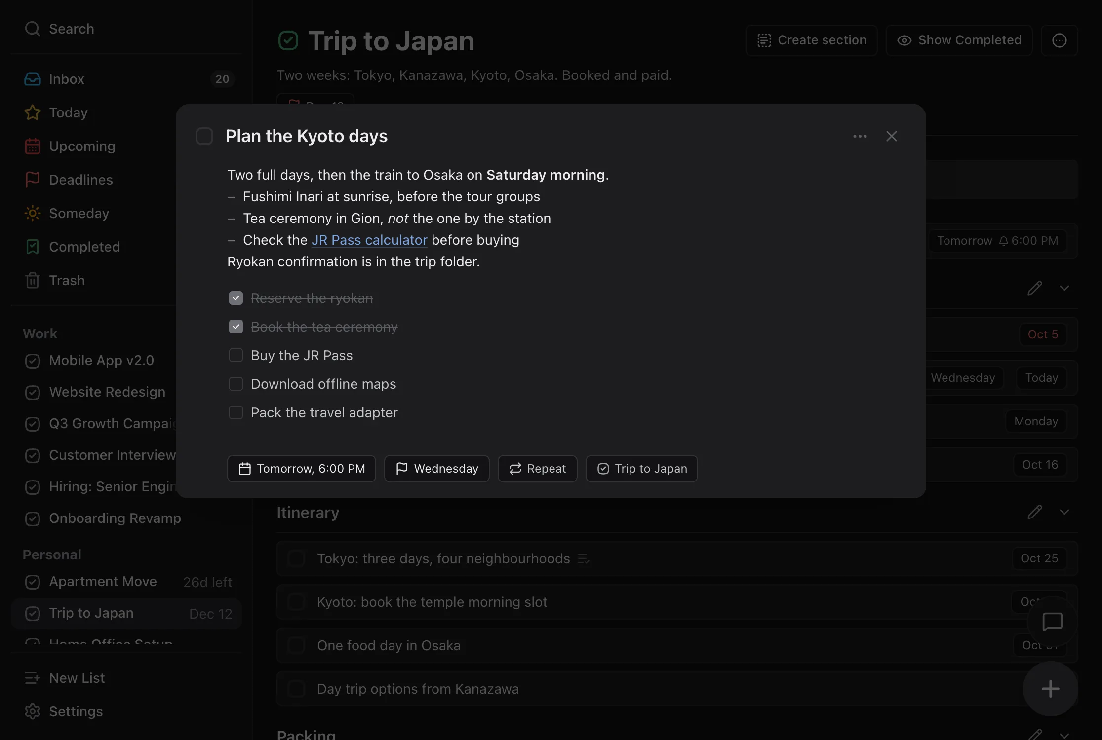 A task called Plan the Kyoto days open over the Trip to Japan project: notes with bold text, a bulleted list and a link, a five-item checklist with two items ticked, and chips for Tomorrow at 6:00 PM, a Wednesday deadline, Repeat, and the Trip to Japan project.