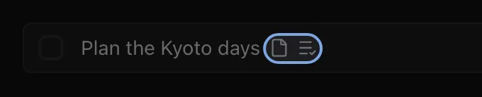 The Kyoto task's row in its project list, with a notes icon and a checklist icon highlighted after the title, then a Wednesday deadline and Tomorrow at 6:00 PM.