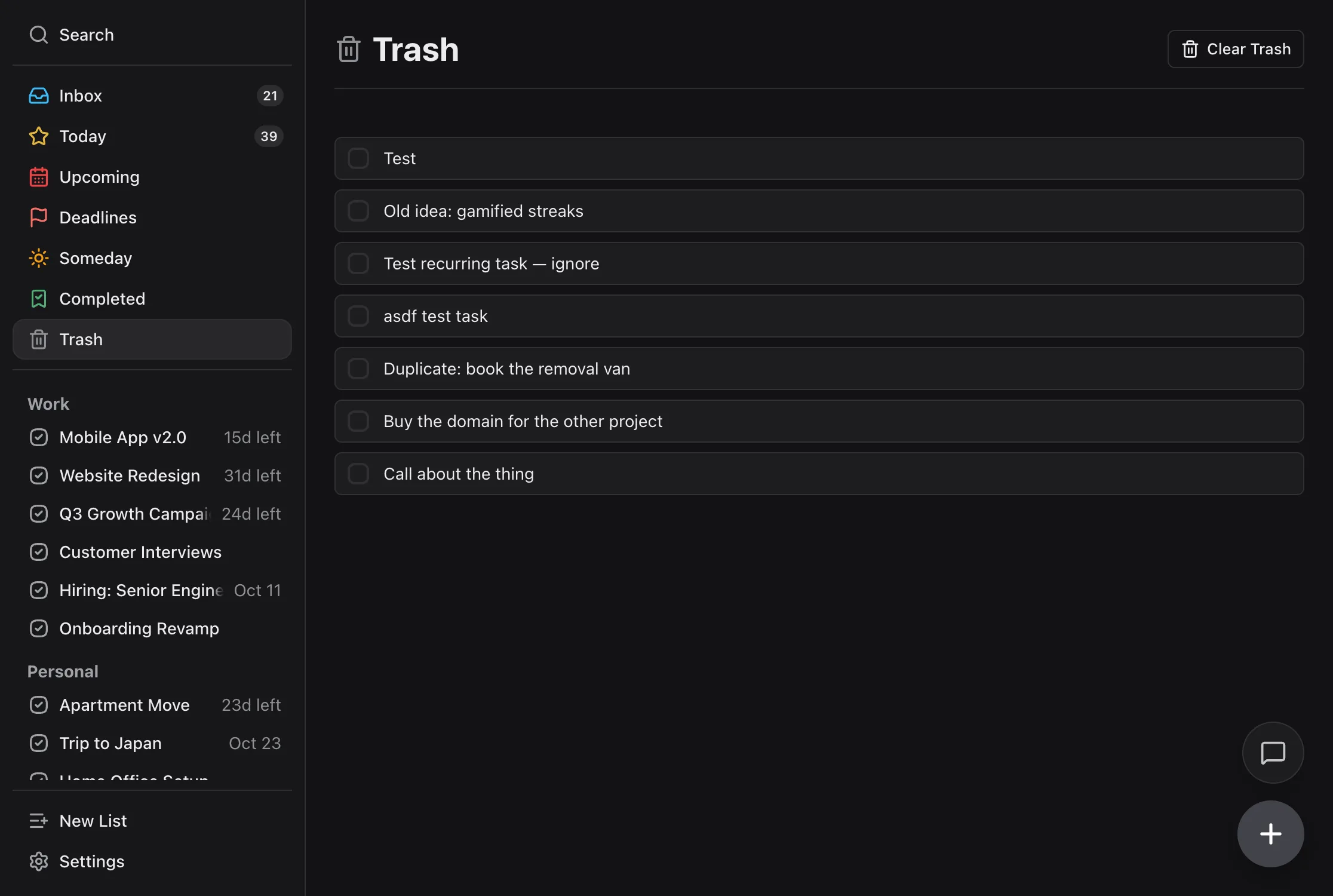 TaskPocket — the Trash view