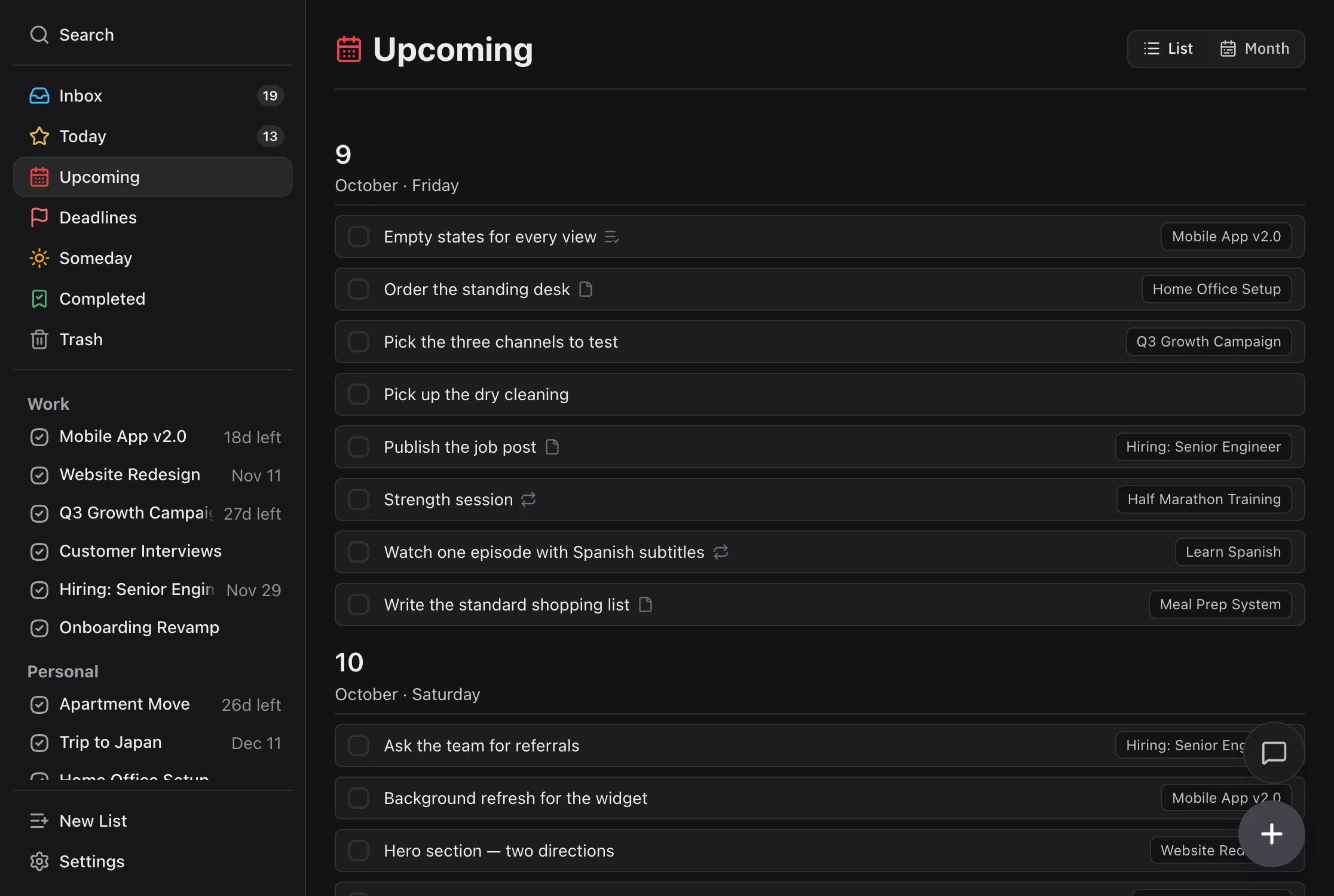 Upcoming in the List layout: tasks grouped under Friday 9 October and Saturday 10 October, each with its project name on the right.