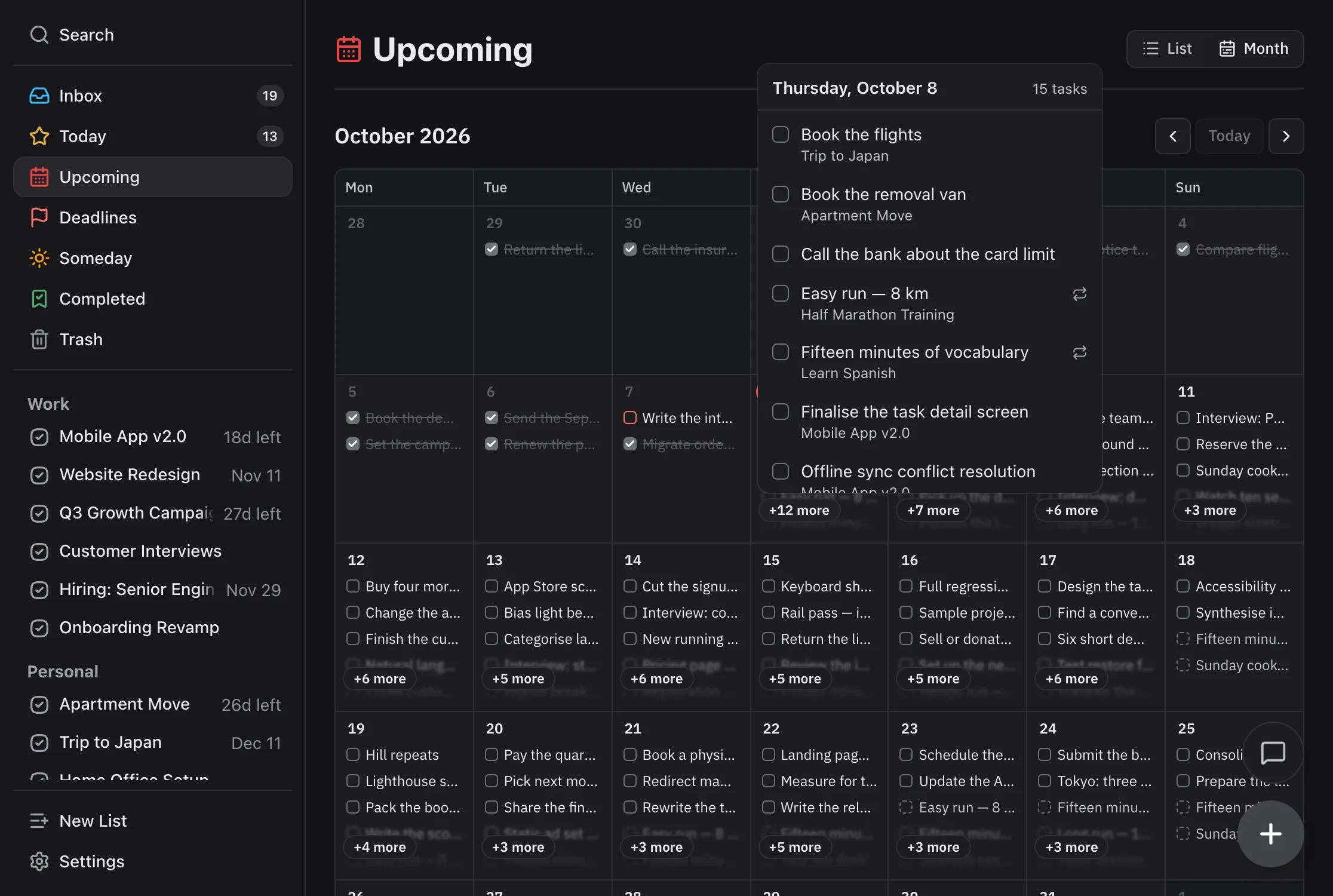 The full list for Thursday 8 October, opened from a +12 more button on the month grid: tasks with their project names, and a repeat icon on the recurring ones.
