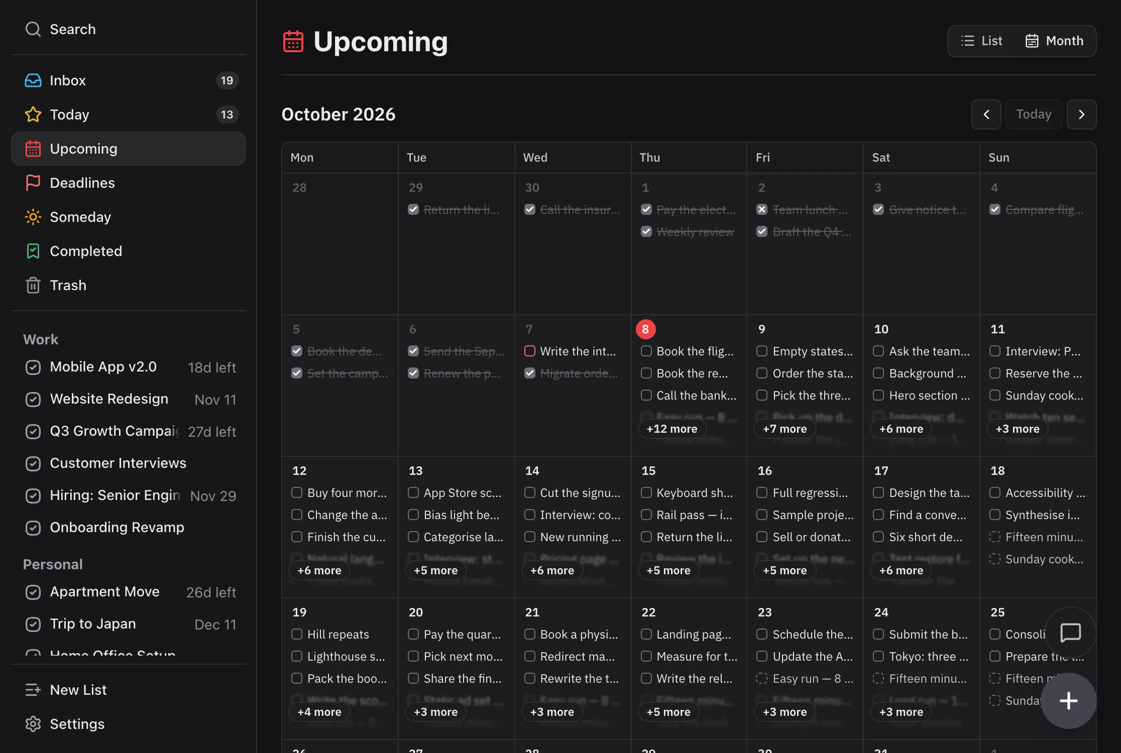 Upcoming in the Month layout for October 2026: finished tasks struck through on past days, one overdue task with a red box on 7 October, today circled on the 8th, and later days filled with tasks and dashed future repeats.