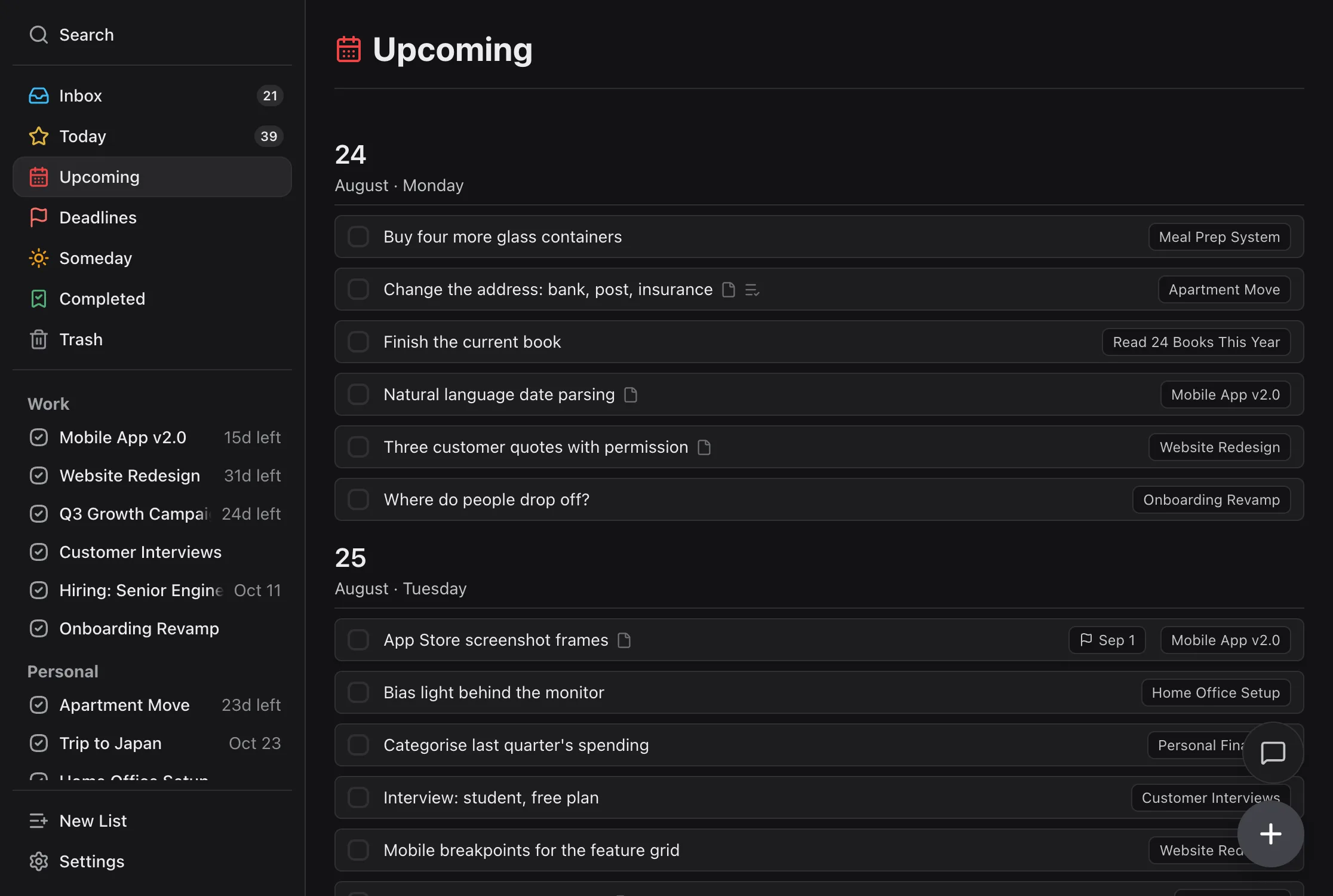 TaskPocket — the Upcoming view