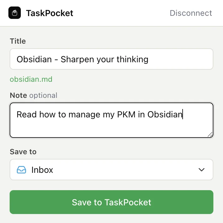 The TaskPocket browser extension saving a page