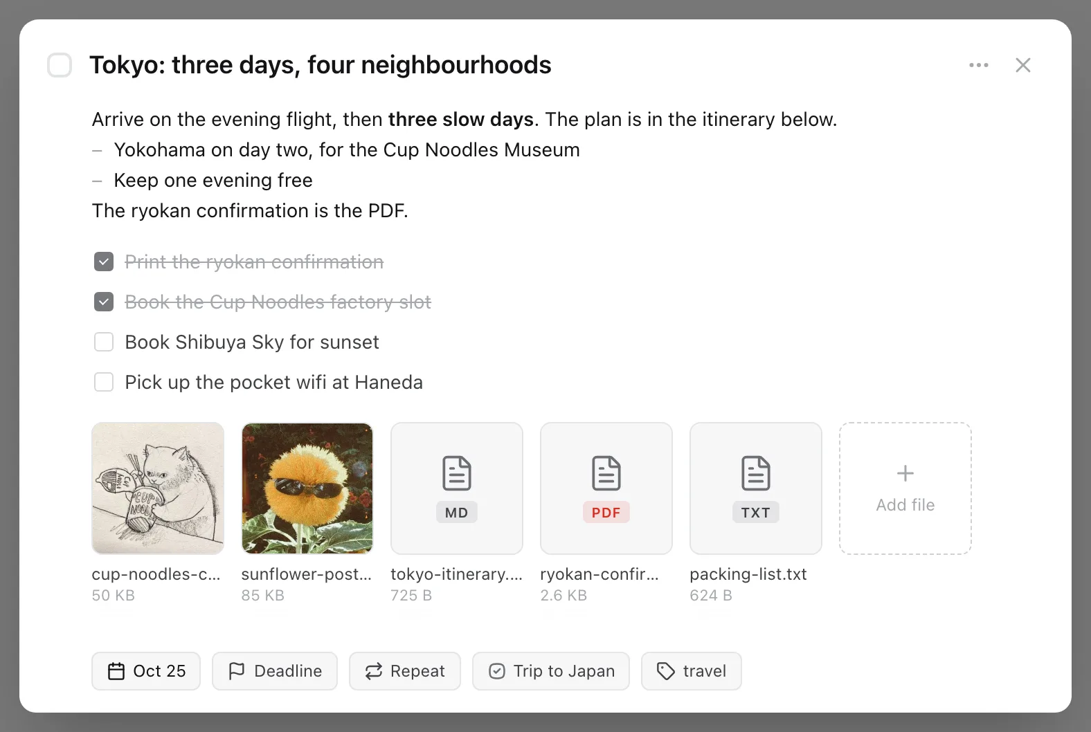 A TaskPocket task with notes, a checklist, and five files: two pictures, a Markdown itinerary, a PDF booking confirmation, and a packing list