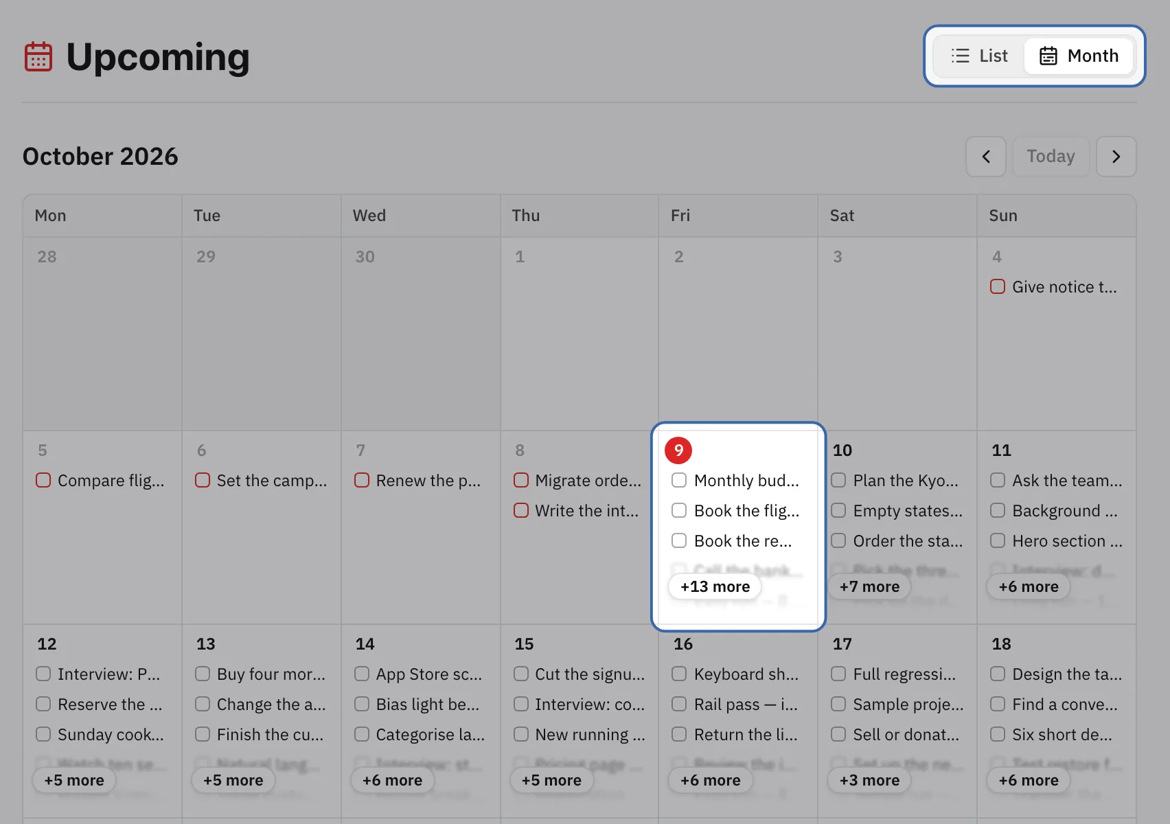 Upcoming in the Month layout for October 2026, with the List and Month switch highlighted and today’s cell ringed.