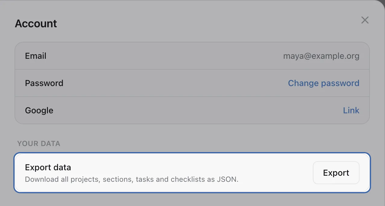 The Account page in Settings, with the Export data row and its Export button highlighted.