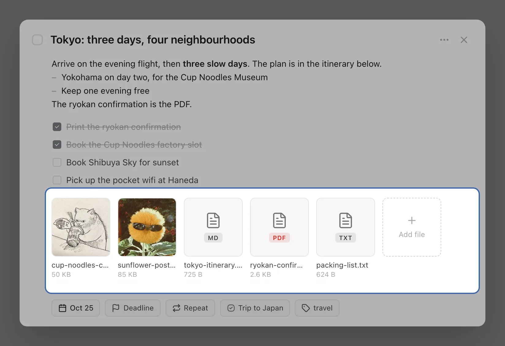 The task “Tokyo: three days, four neighbourhoods” with its five files highlighted: a pencil sketch, a photo, a Markdown itinerary, a PDF and a text packing list.