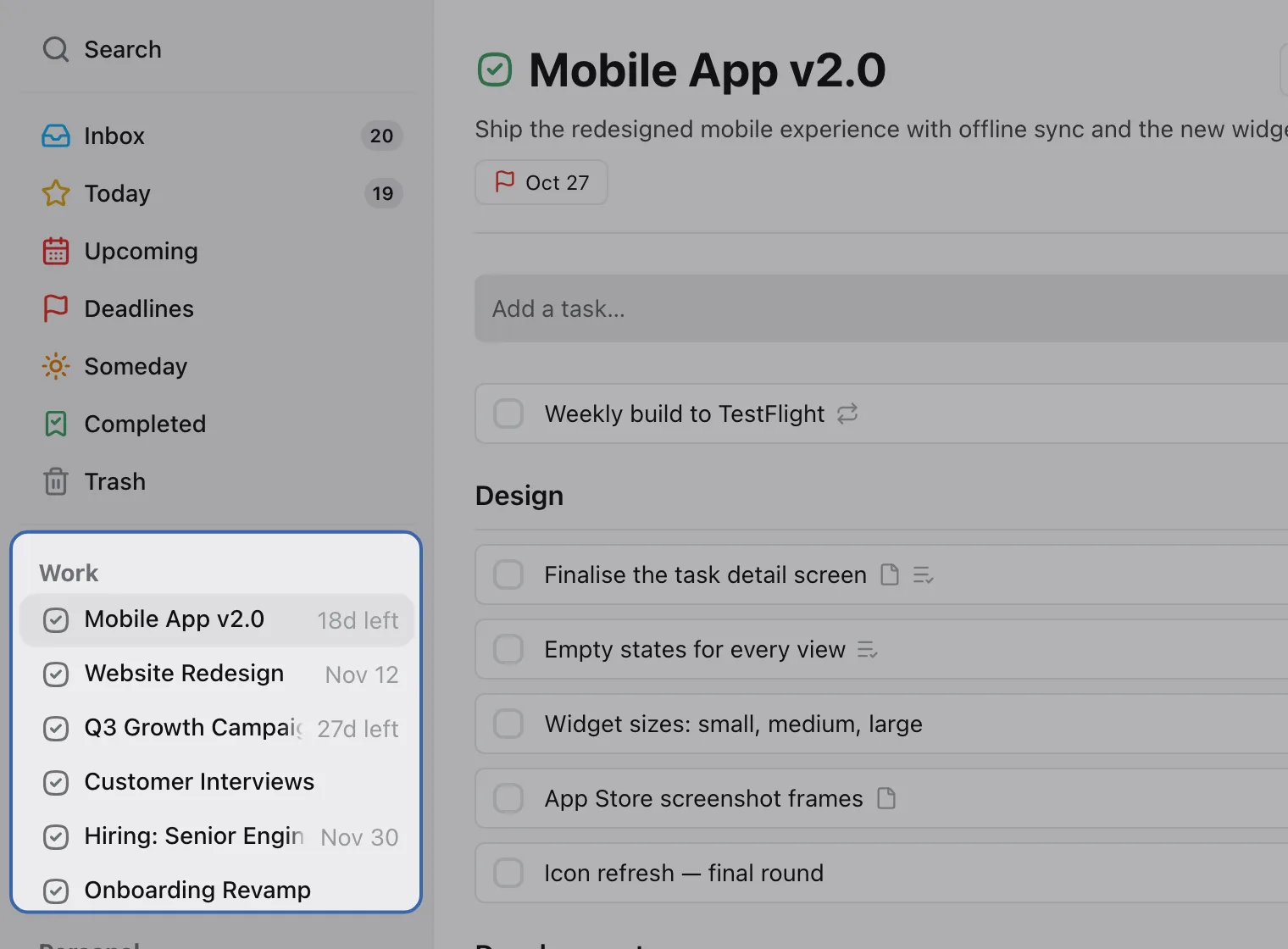 The sidebar with the Work area highlighted and its six projects under it, next to the open Mobile App v2.0 project.