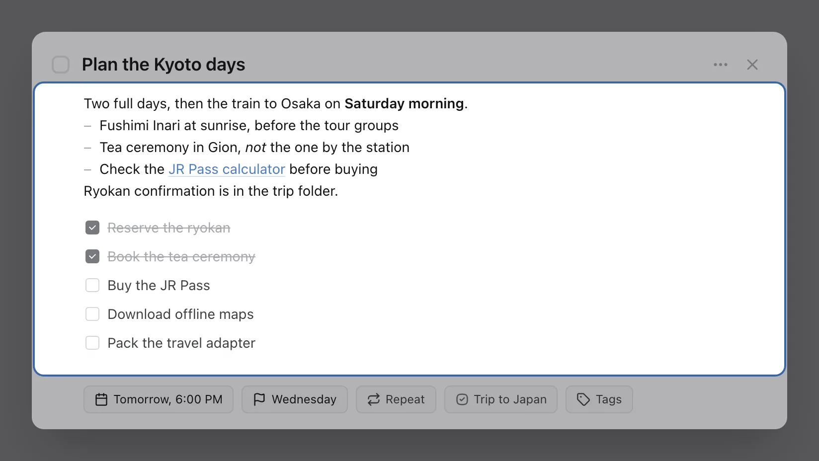 The window for the task “Plan the Kyoto days”, with its notes and its five-item checklist highlighted. Two checklist items are ticked.