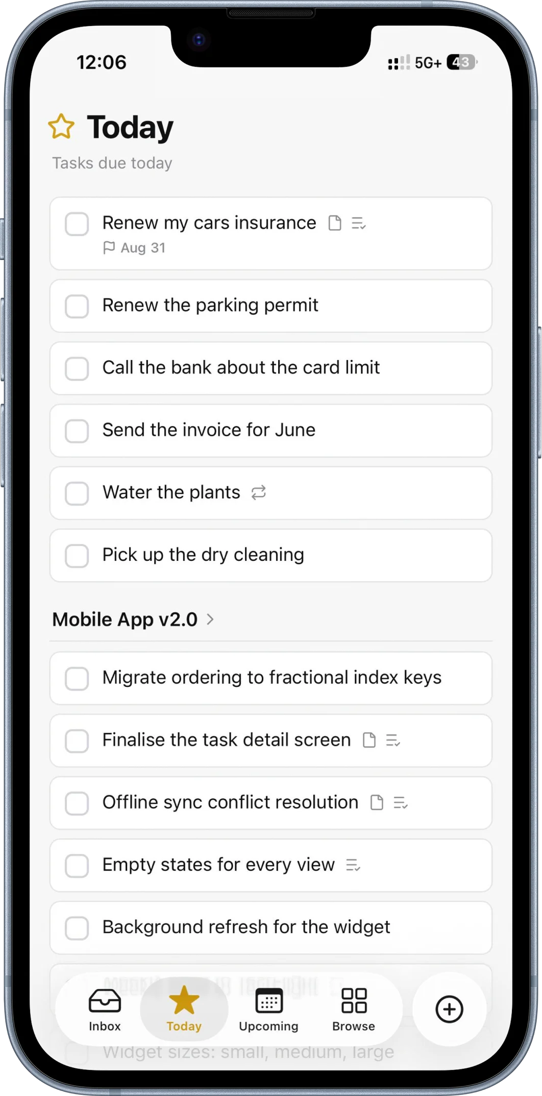 TaskPocket on iPhone, showing the Today view