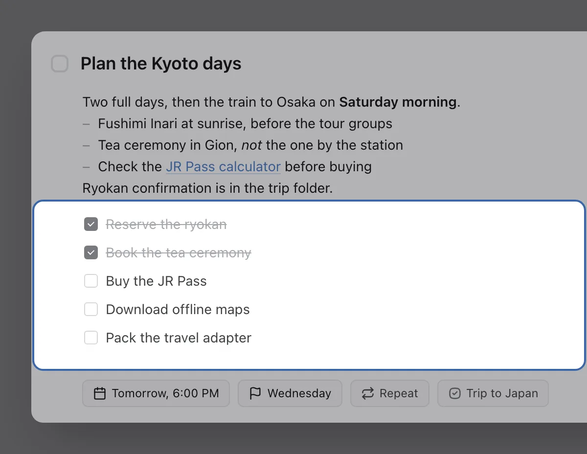 The checklist of the Kyoto task, highlighted: Reserve the ryokan and Book the tea ceremony ticked and struck through, Buy the JR Pass, Download offline maps and Pack the travel adapter still open.