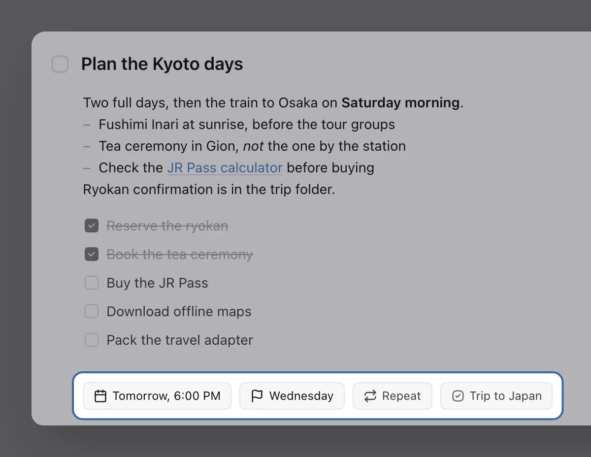 The chip row of the Kyoto task, highlighted: Tomorrow at 6:00 PM, a Wednesday deadline flag, Repeat, and Trip to Japan.