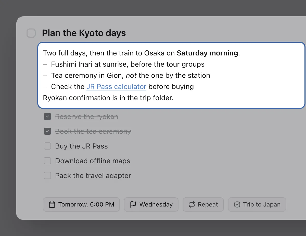 The notes of the Kyoto task, highlighted: a sentence with Saturday morning in bold, three bulleted lines, one with not in italics and one with a JR Pass calculator link.