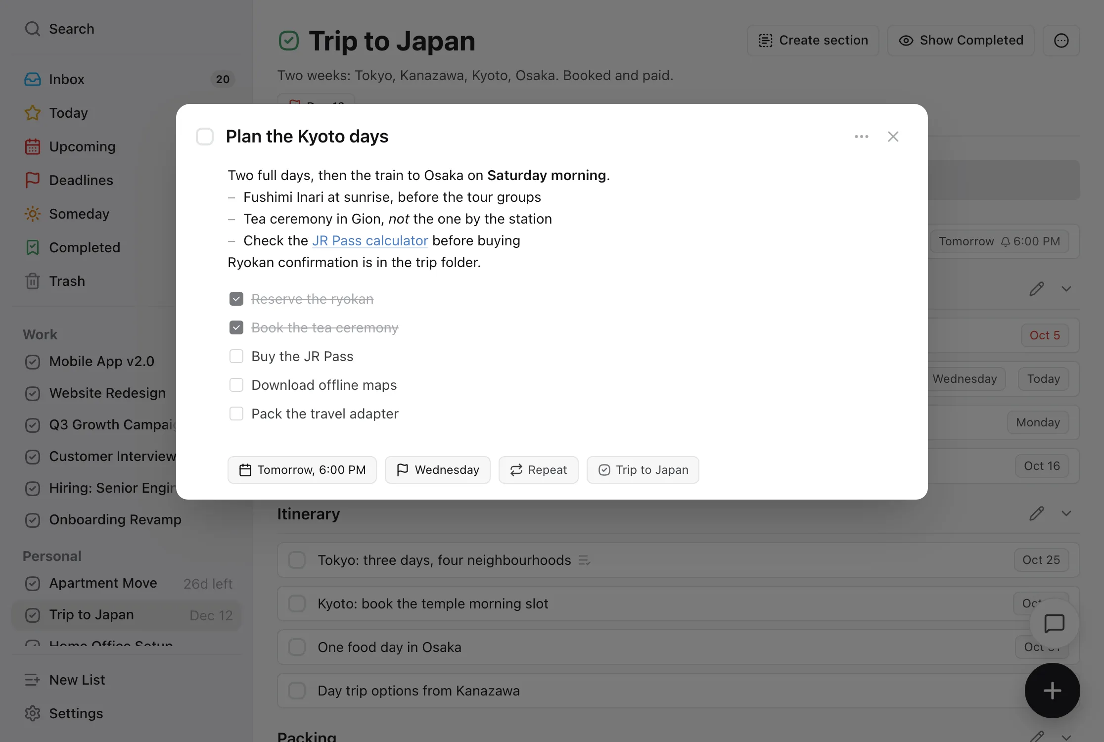 A task called Plan the Kyoto days open over the Trip to Japan project: notes with bold text, a bulleted list and a link, a five-item checklist with two items ticked, and chips for Tomorrow at 6:00 PM, a Wednesday deadline, Repeat, and the Trip to Japan project.