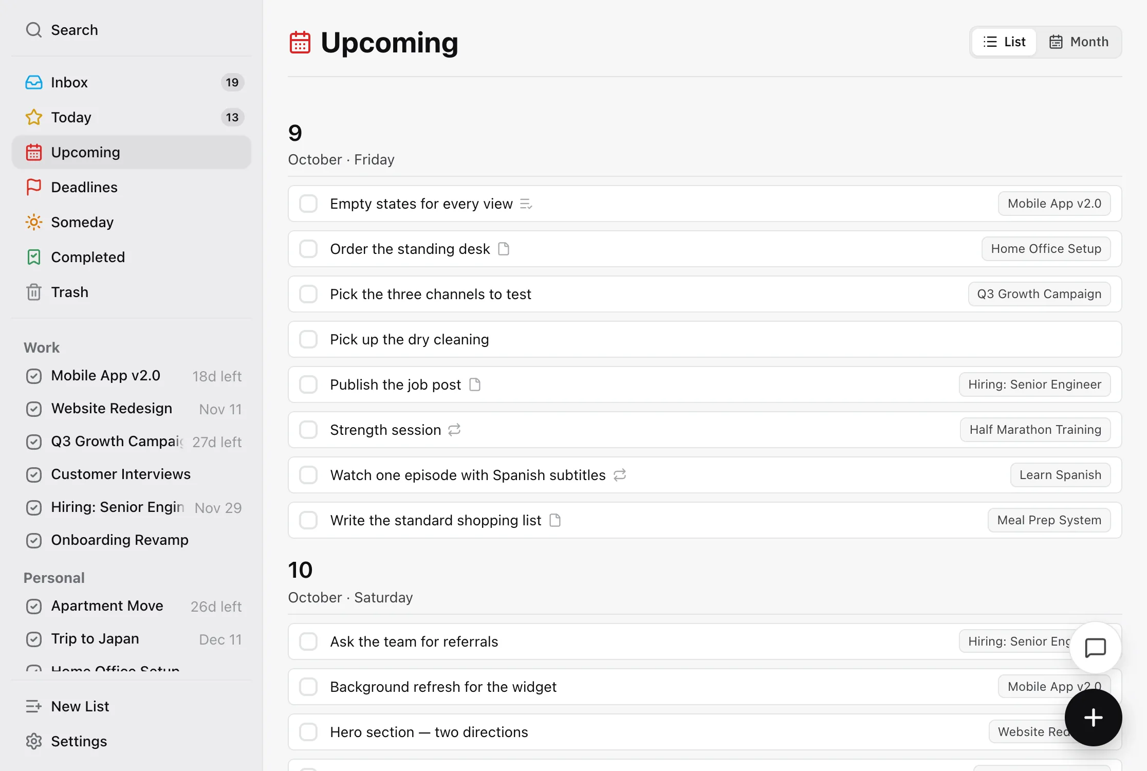 Upcoming in the List layout: tasks grouped under Friday 9 October and Saturday 10 October, each with its project name on the right.