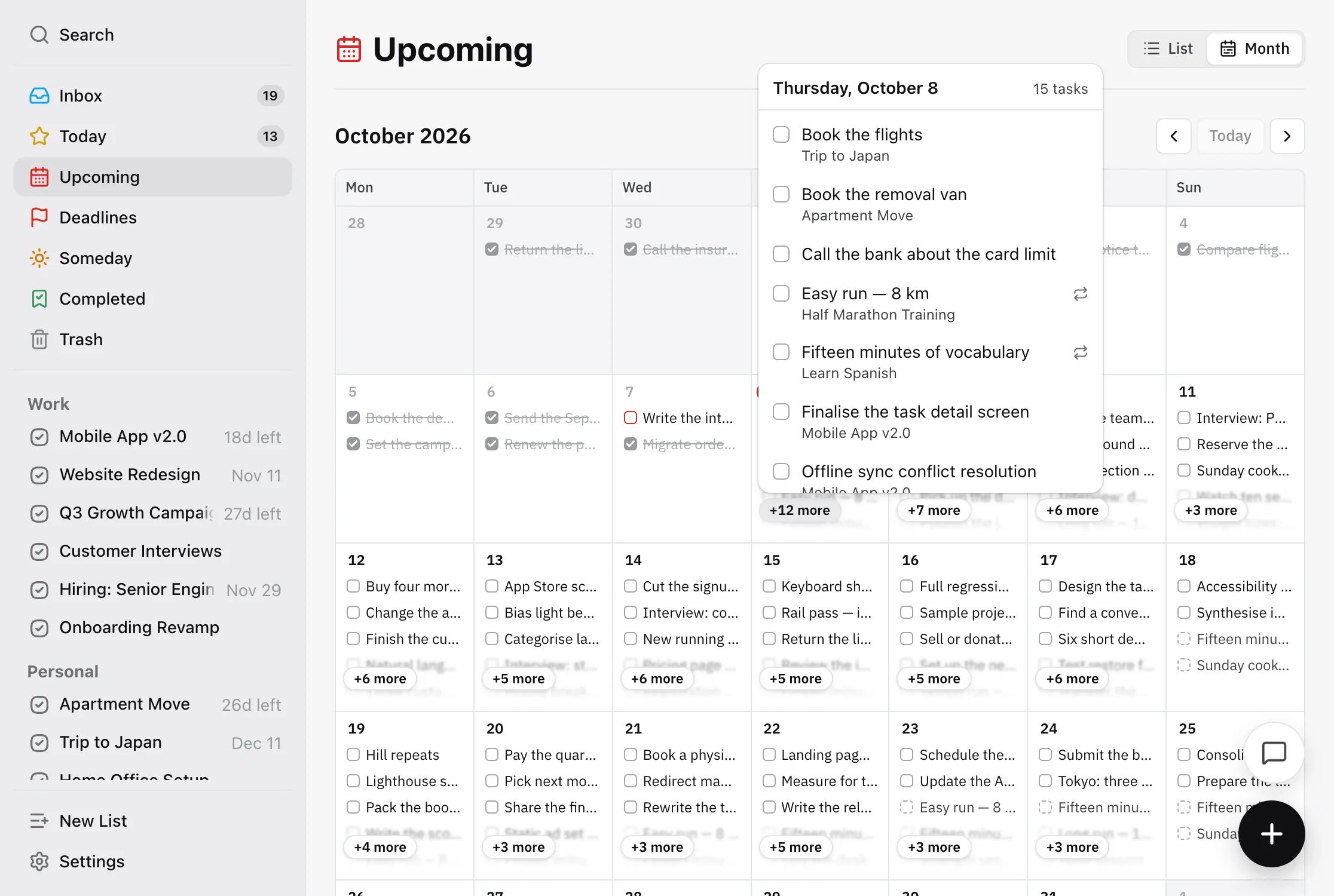 The full list for Thursday 8 October, opened from a +12 more button on the month grid: tasks with their project names, and a repeat icon on the recurring ones.